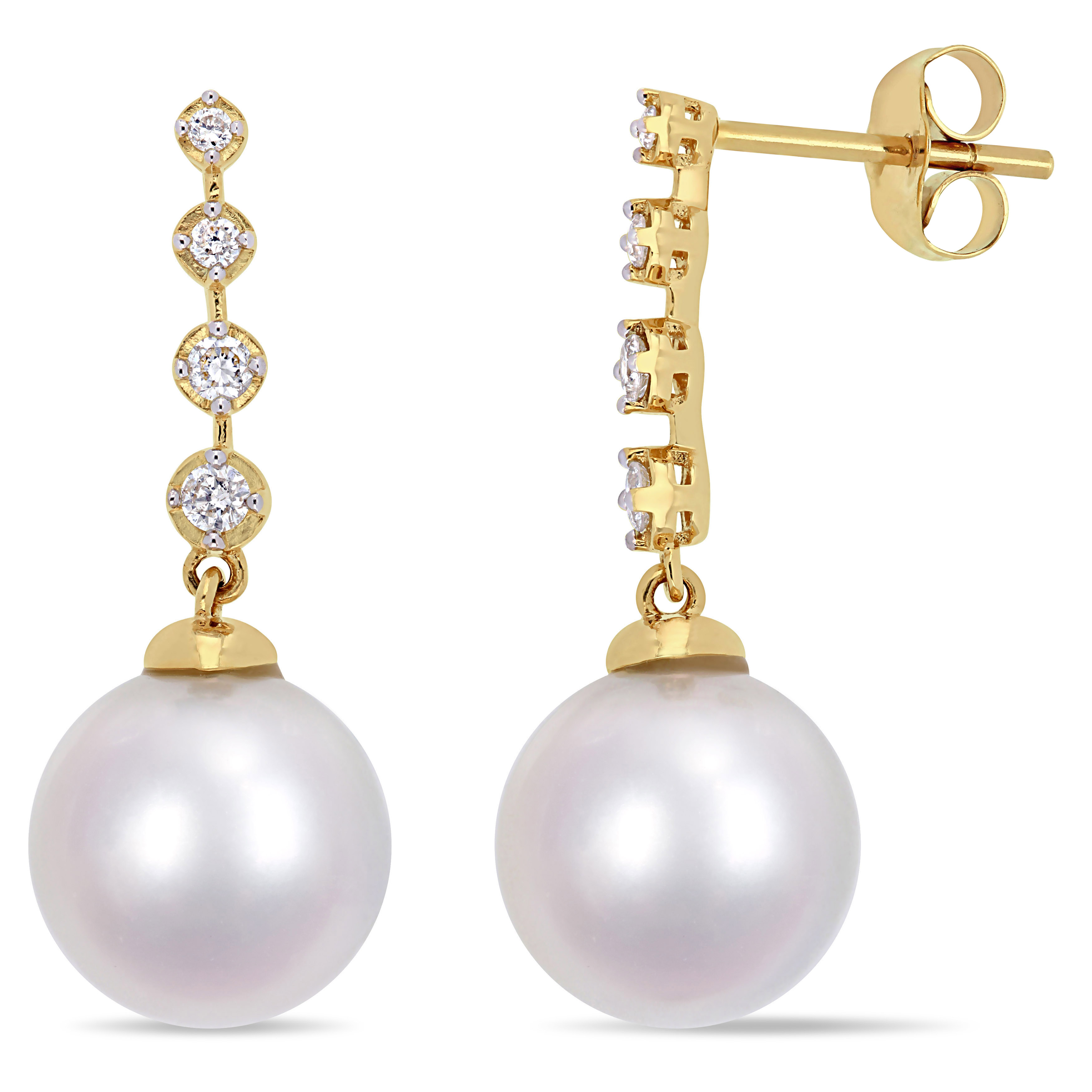 10 - 10.5 MM South Sea Cultured Pearl and 1/6 CT TW Diamond Dangle Earrings in 14k Yellow Gold