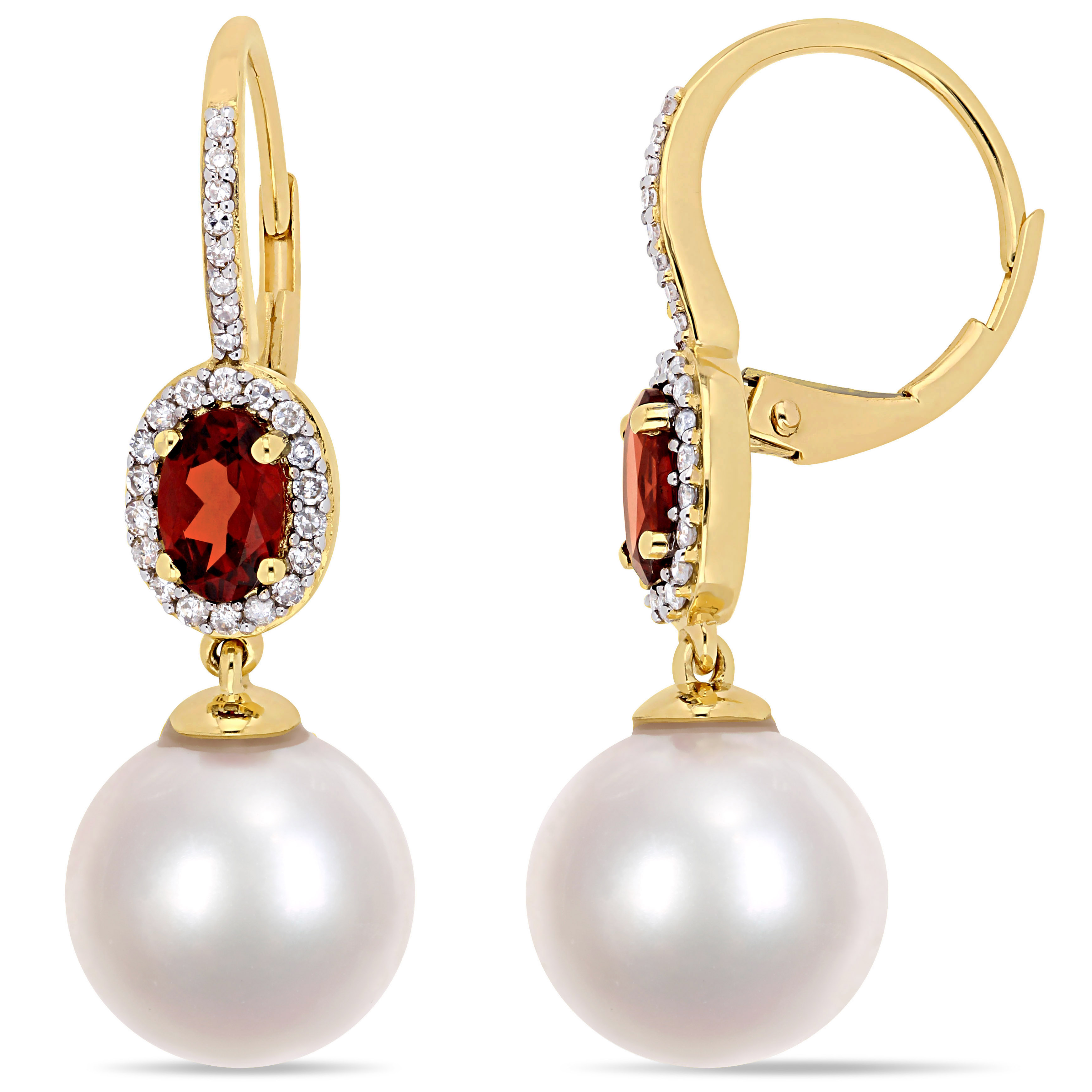 11 - 12 MM Cultured Freshwater Pearl 1 1/10 CT TGW Garnet and 1/4 CT TW Diamond Oval Drop Leverback Earrings in 10k Yellow Gold