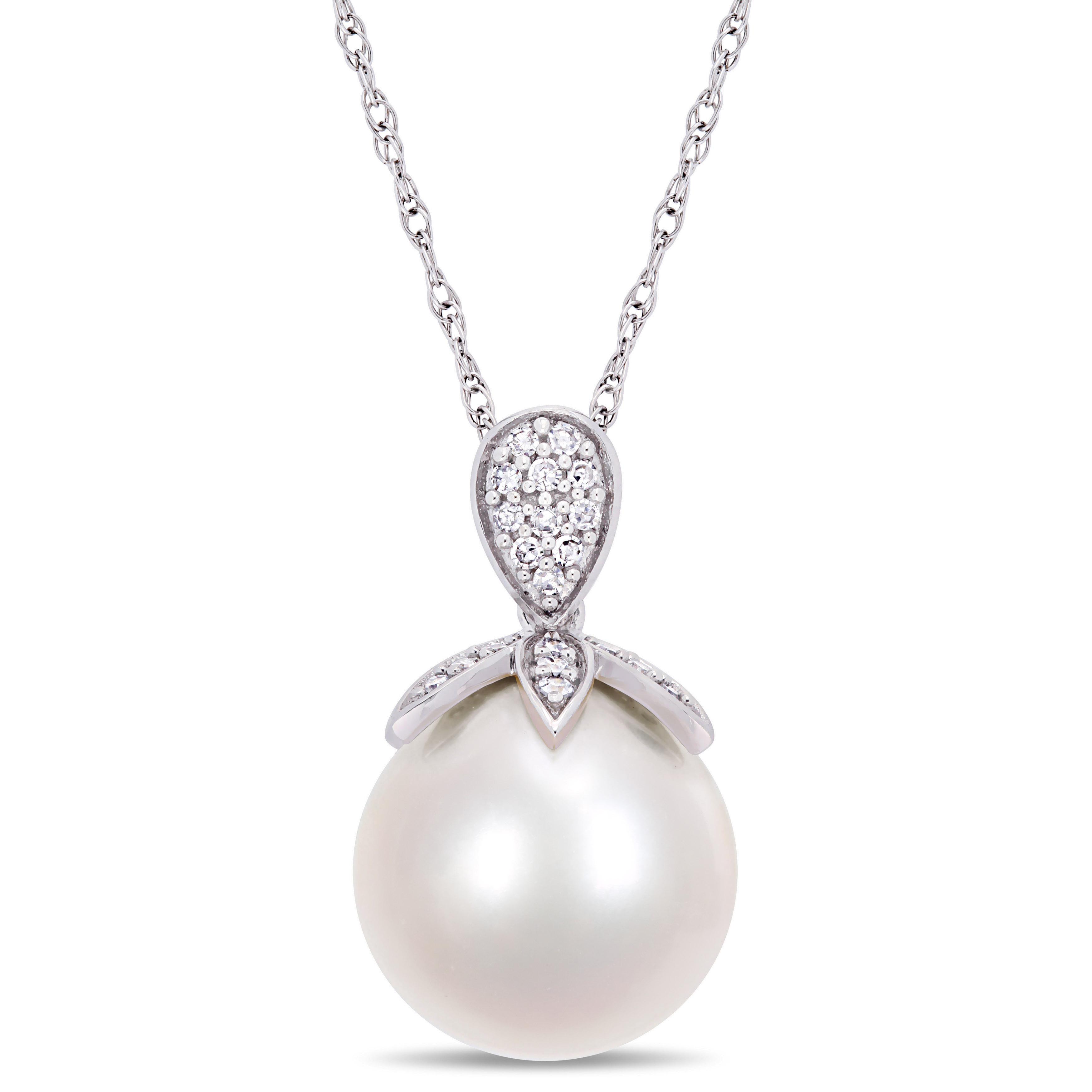 11-12 MM Cultured Freshwater Pearl and 1/10 CT TW Diamond Pendant with Chain in 10k White Gold