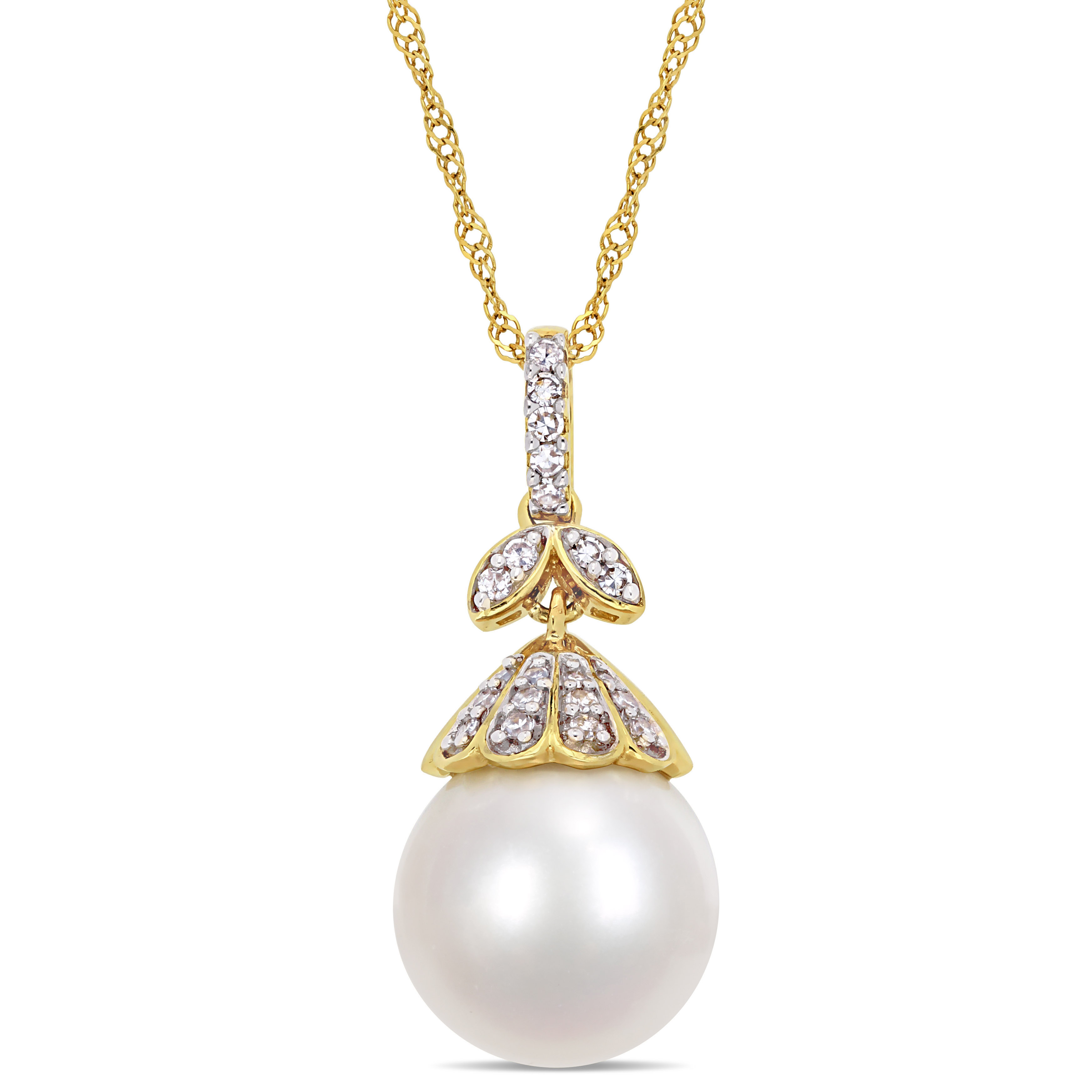 10-10.5 MM South Sea Pearl and 1/10 CT TW Diamond Floral Drop Pendant with Chain in 14k Yellow Gold