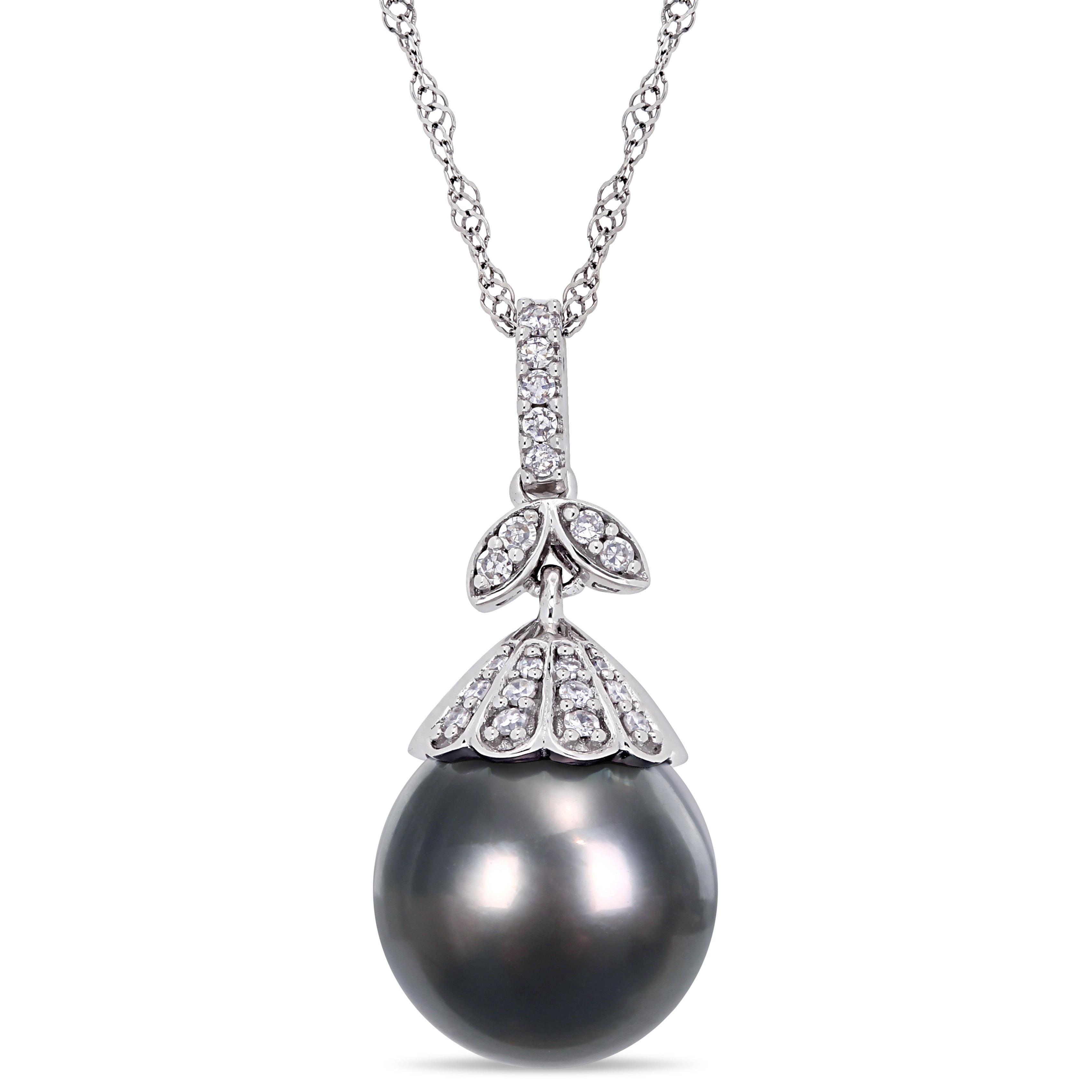 10-10.5 MM Black Tahitian Pearl and 1/10 CT TW Diamond Floral Drop Pendant with Chain in 14k White Gold