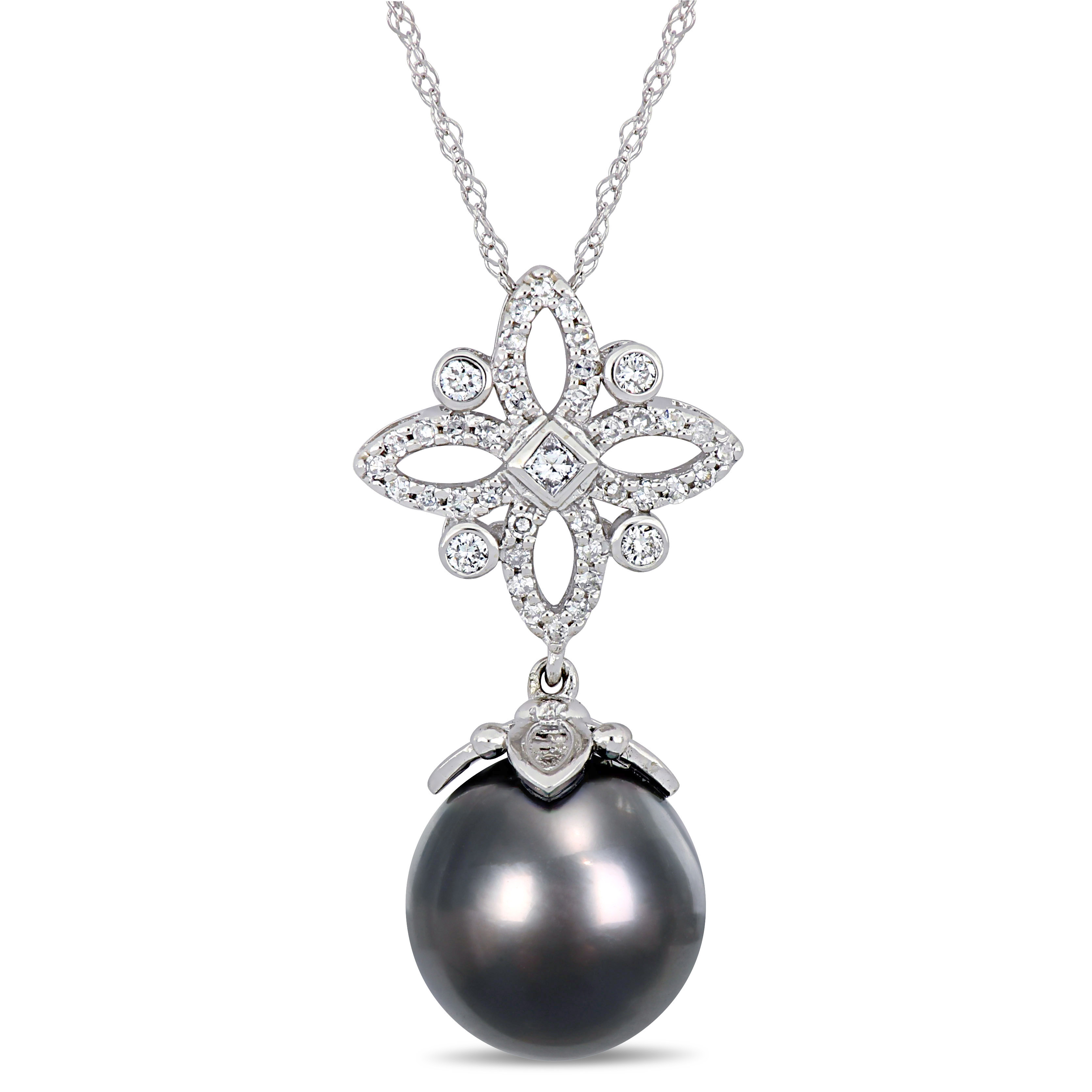 11-12 MM Black Tahitian Cultured Pearl and 1/4 CT TW Diamond Four-Point Star Drop Necklace in 14k White Gold