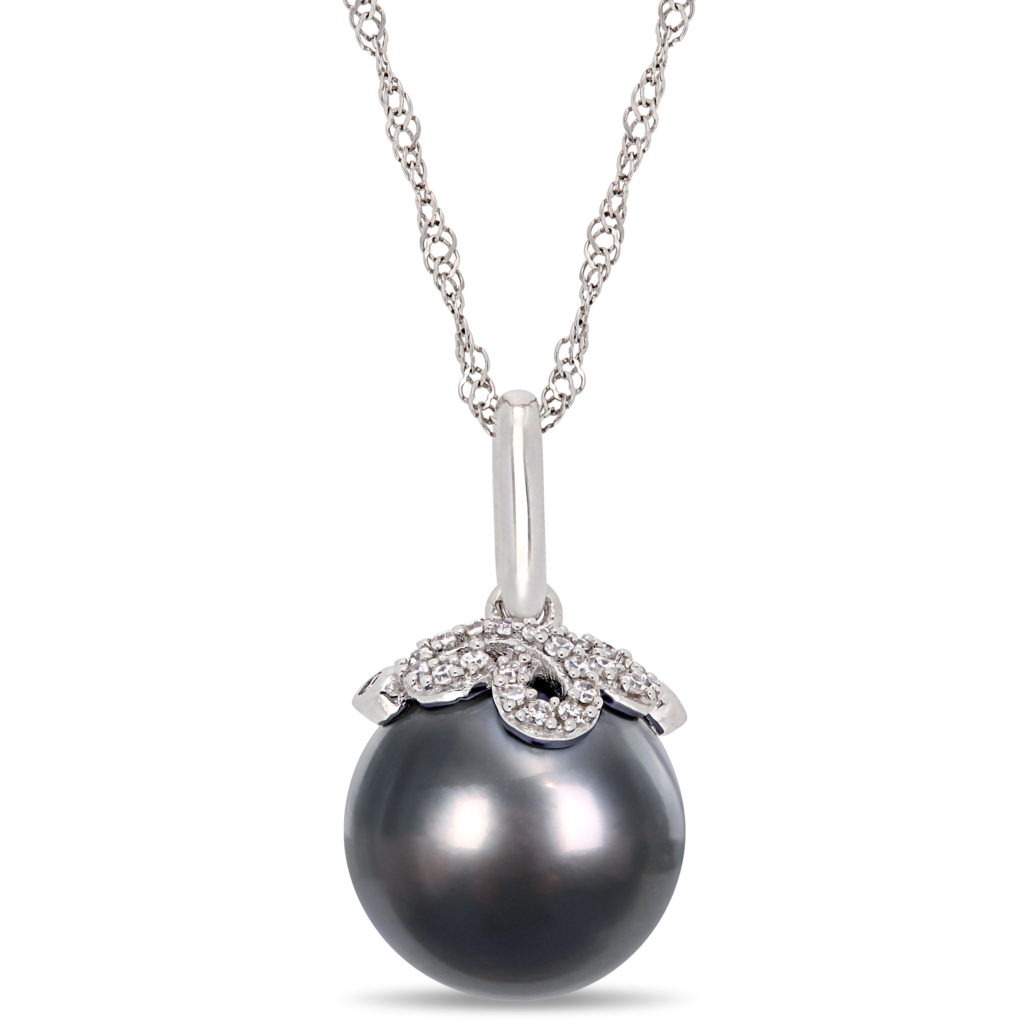 10-10.5 MM Black Tahitian Pearl and Diamond Accent Pendant with Chain in 14k White Gold