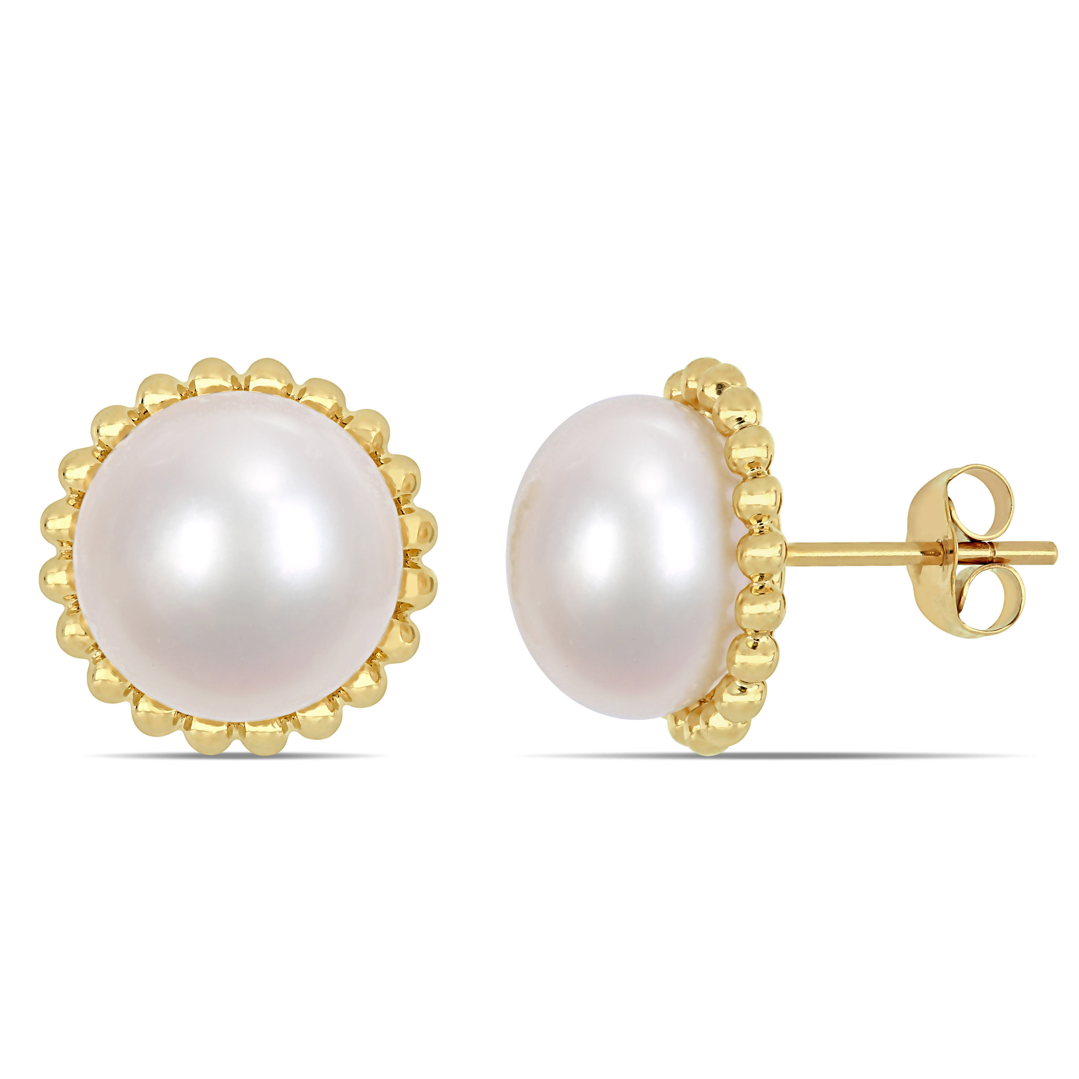 10.5 - 11 MM Cultured Freshwater Pearl Halo Stud Earrings in 10k Yellow Gold