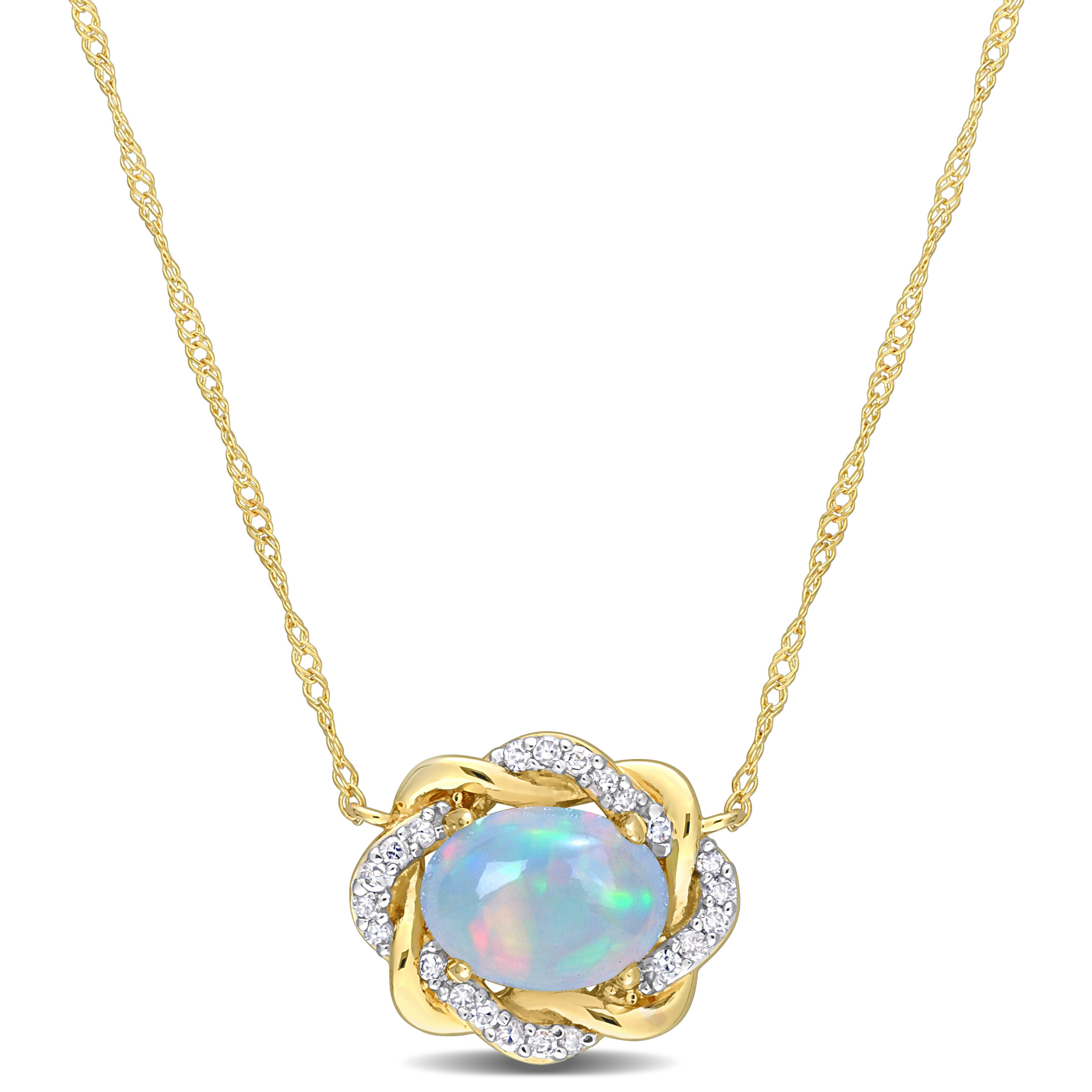 3/4 CT TGW Ethiopian Blue Opal and 1/10 CT TW Diamond Interlaced Halo Necklace 10k Yellow Gold - 17 in.