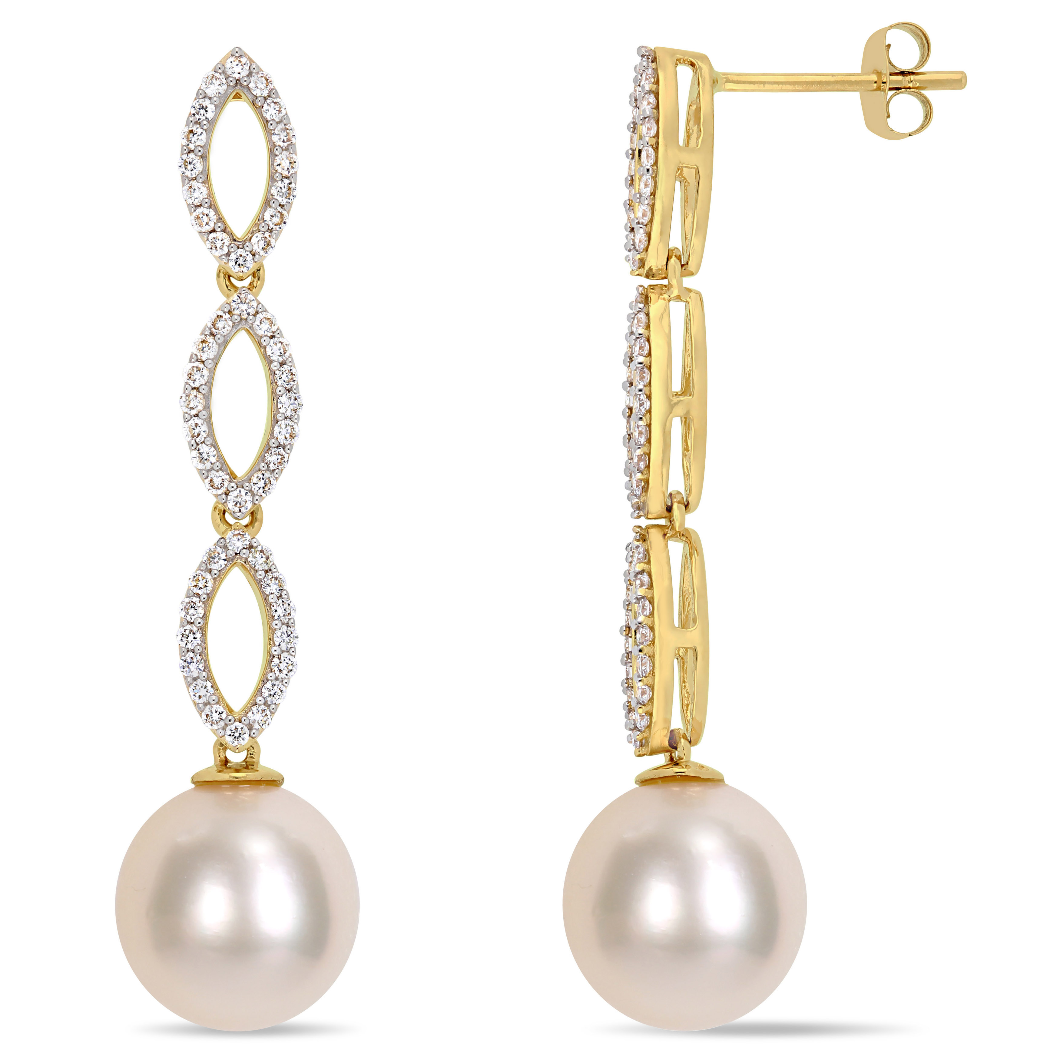 10 - 10.5 MM South Sea Cultured Pearl and 1/2 CT TW Diamond Infinity Dangle Post Earrings in 14k Yellow Gold
