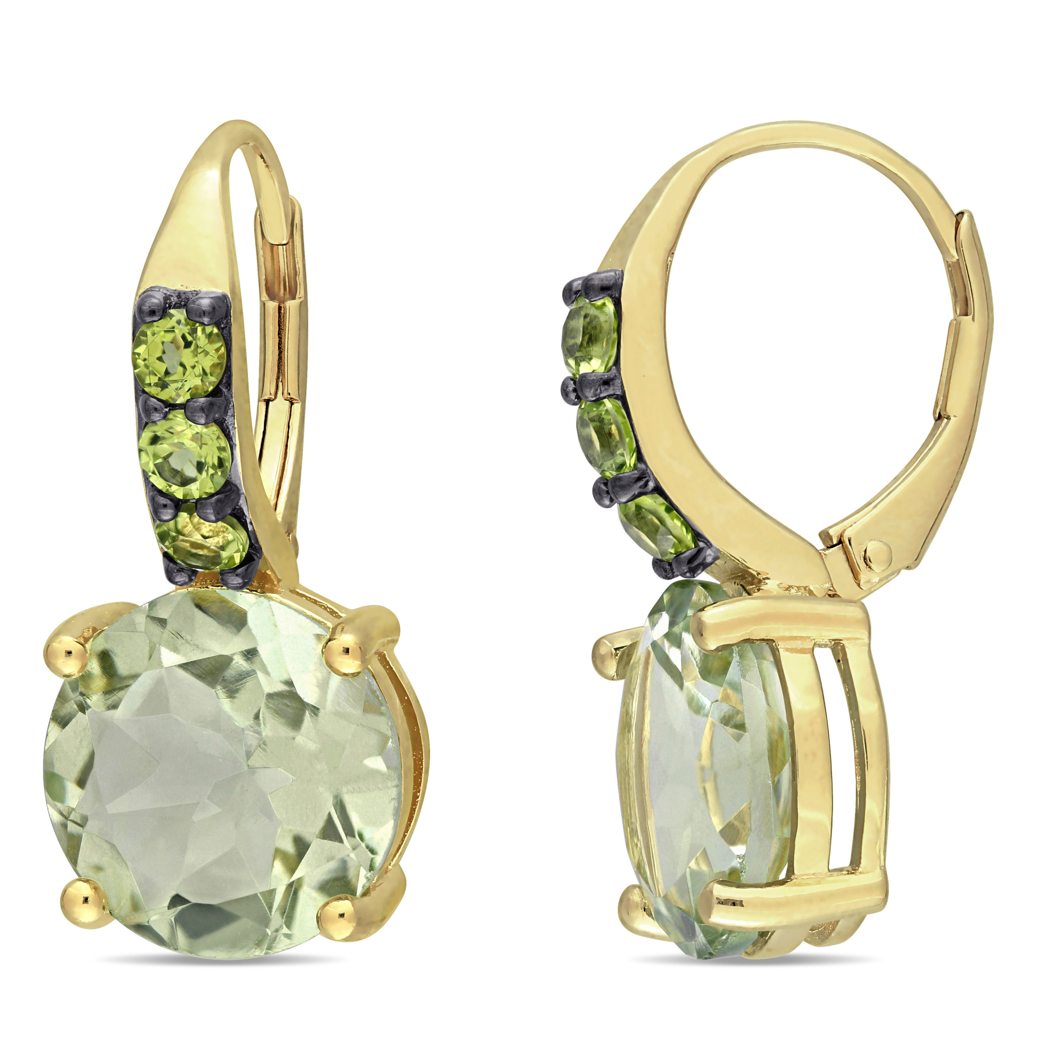 12 3/8 CT TGW Green Quartz Peridot Leverback Earrings in Yellow Plated Sterling Silver with Black Rhodium