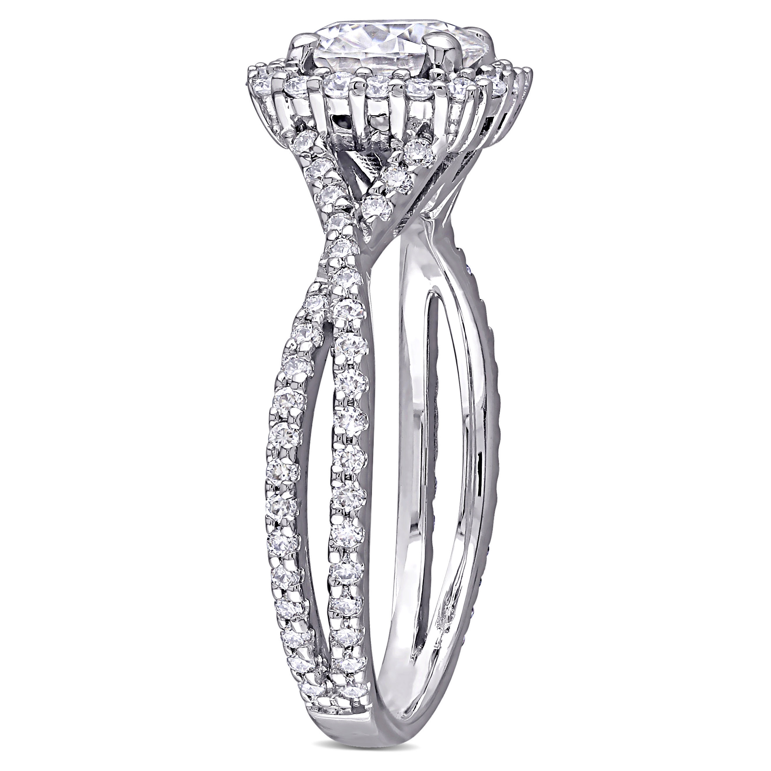 1 1/2 CT DEW Created Moissanite Square Halo Crossover Engagement Ring in 10k White Gold