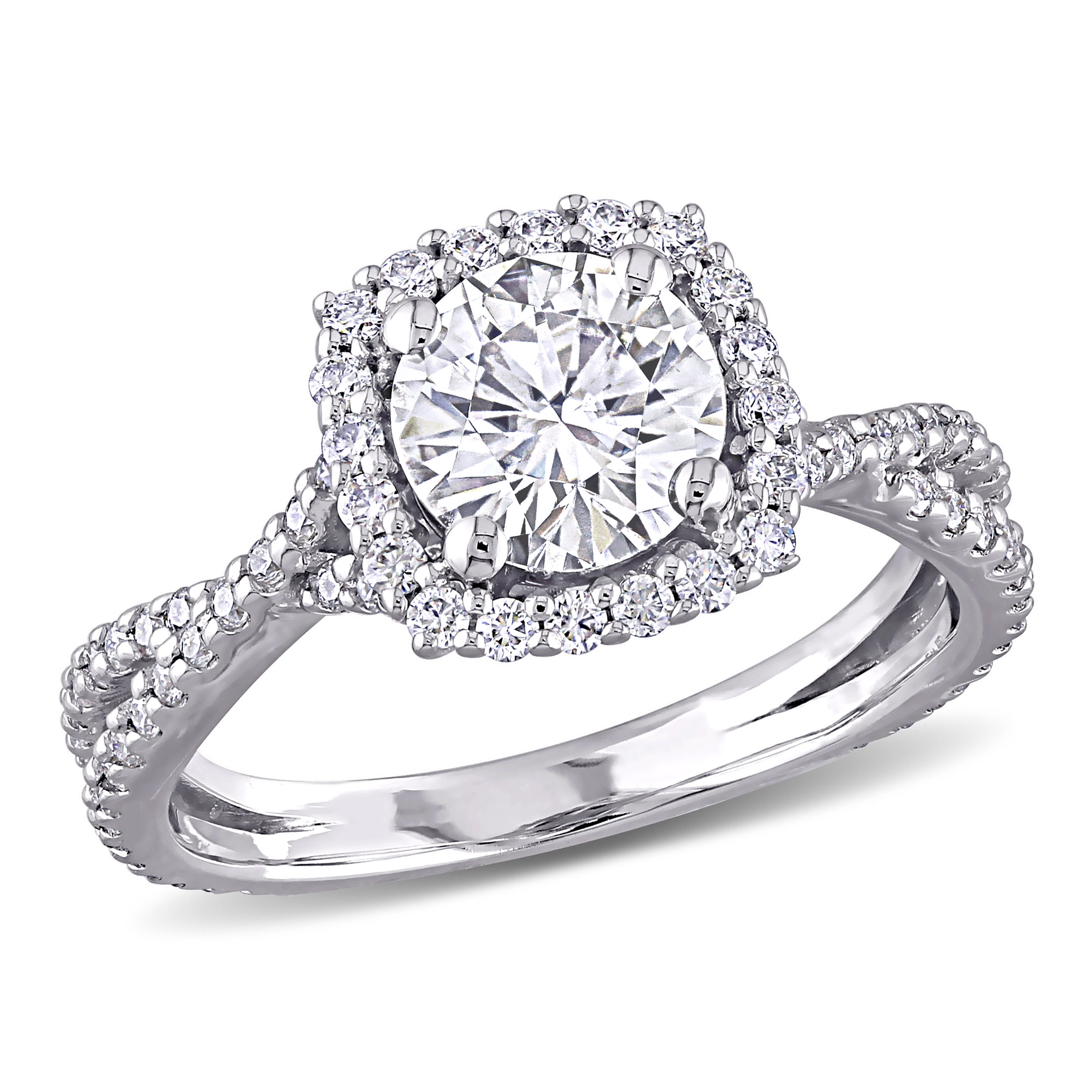 1 1/2 CT DEW Created Moissanite Square Halo Crossover Engagement Ring in 10k White Gold