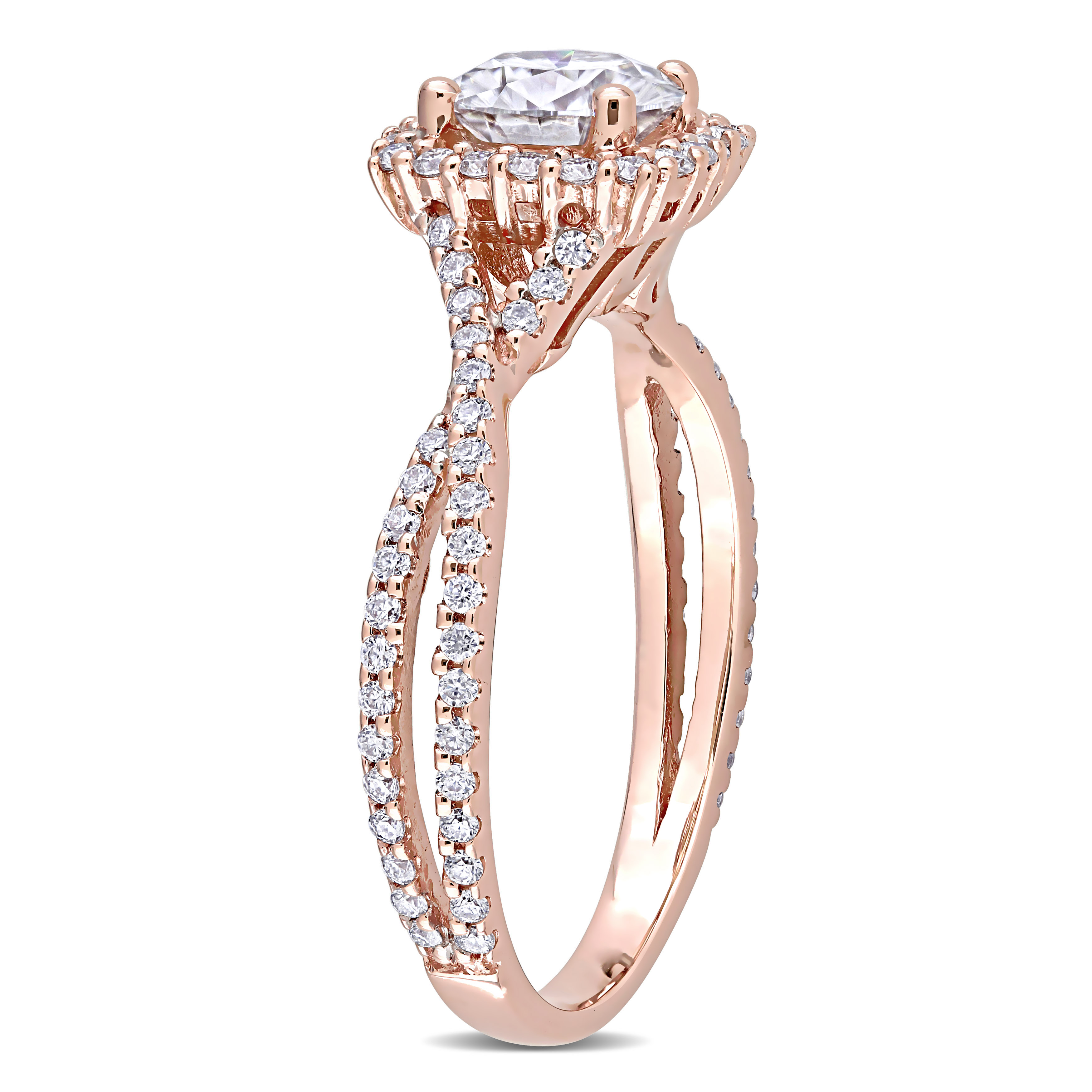 1 1/2 CT DEW Created Moissanite Square Halo Crossover Engagement Ring in 10k Rose Gold