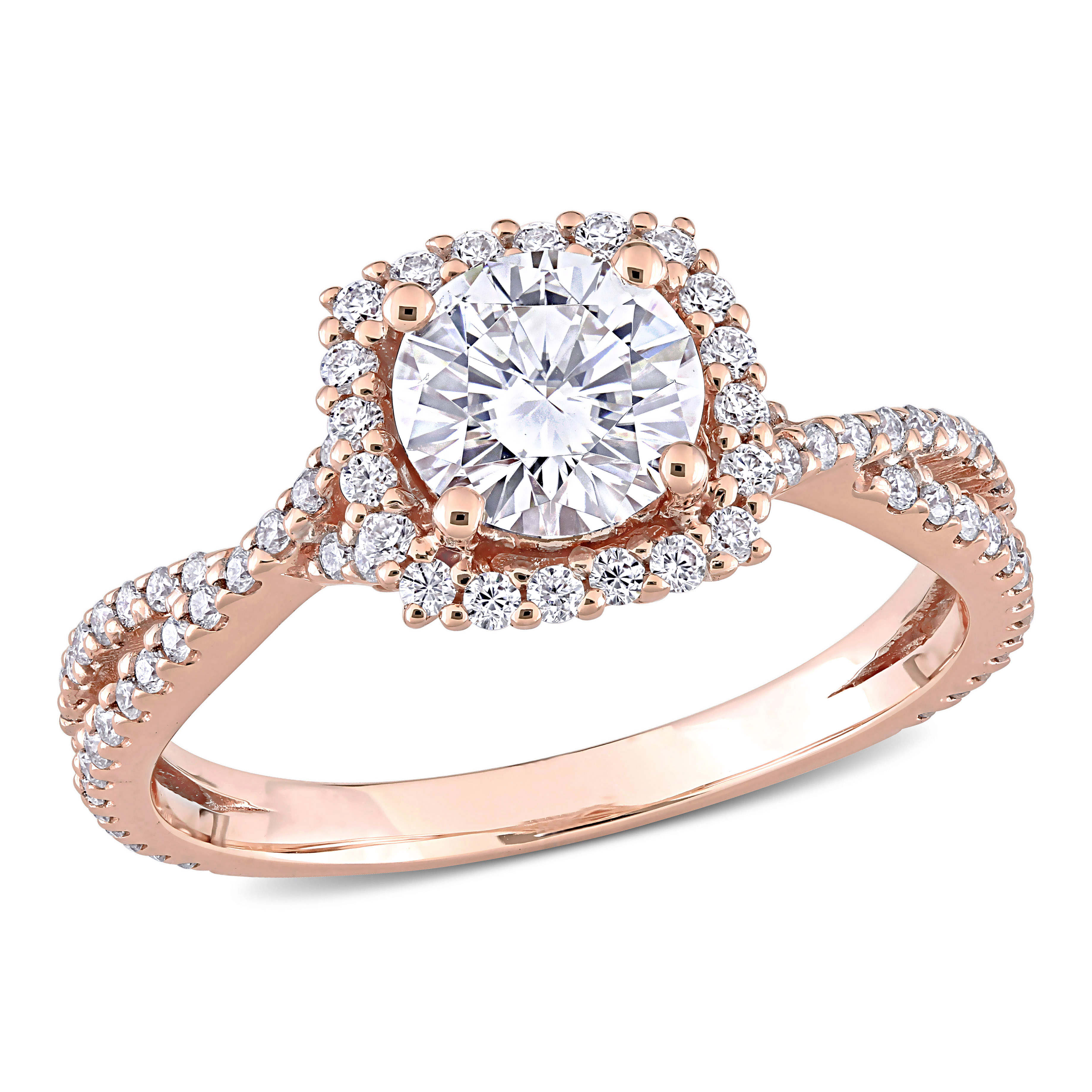 1 1/2 CT DEW Created Moissanite Square Halo Crossover Engagement Ring in 10k Rose Gold
