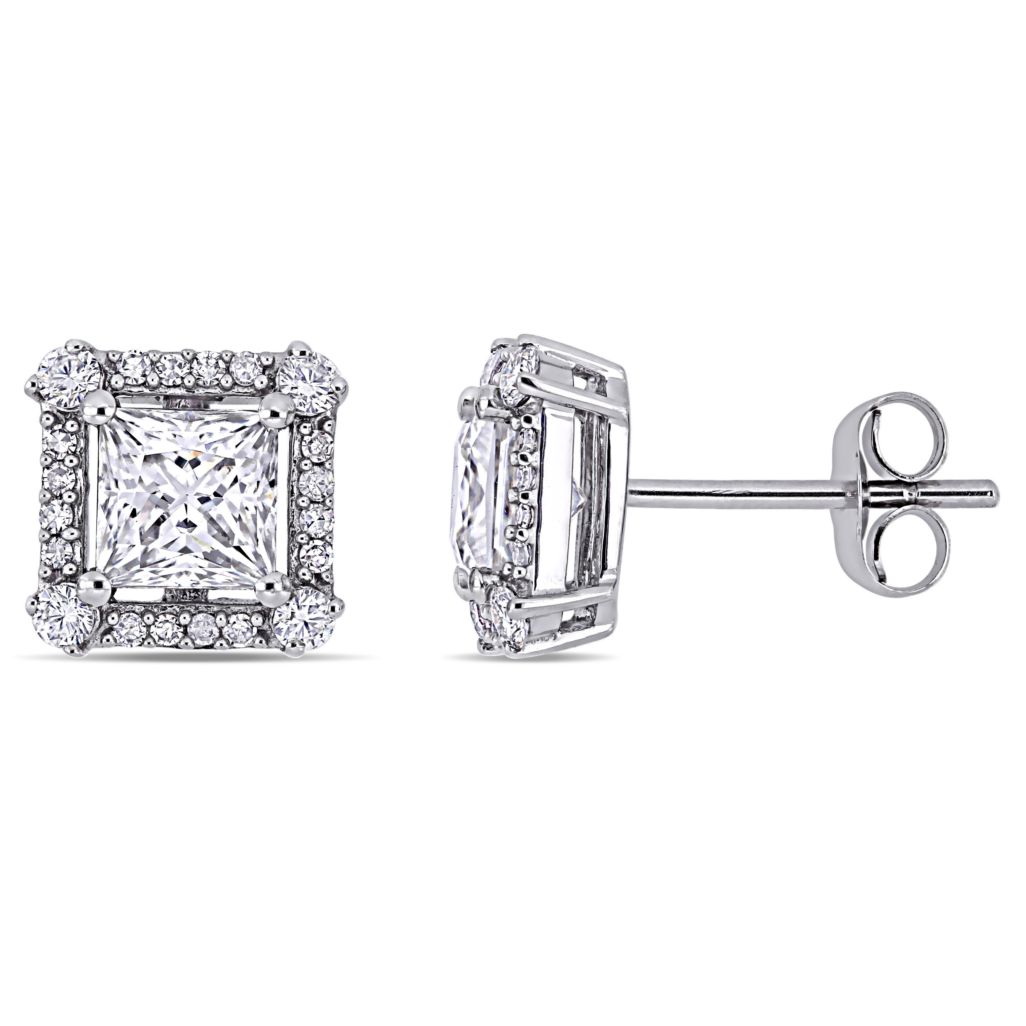 1 1/2 CT DEW Created Moissanite and 1/8 CT TW Diamond Princess-Cut Halo Stud Earring in 10k White Gold