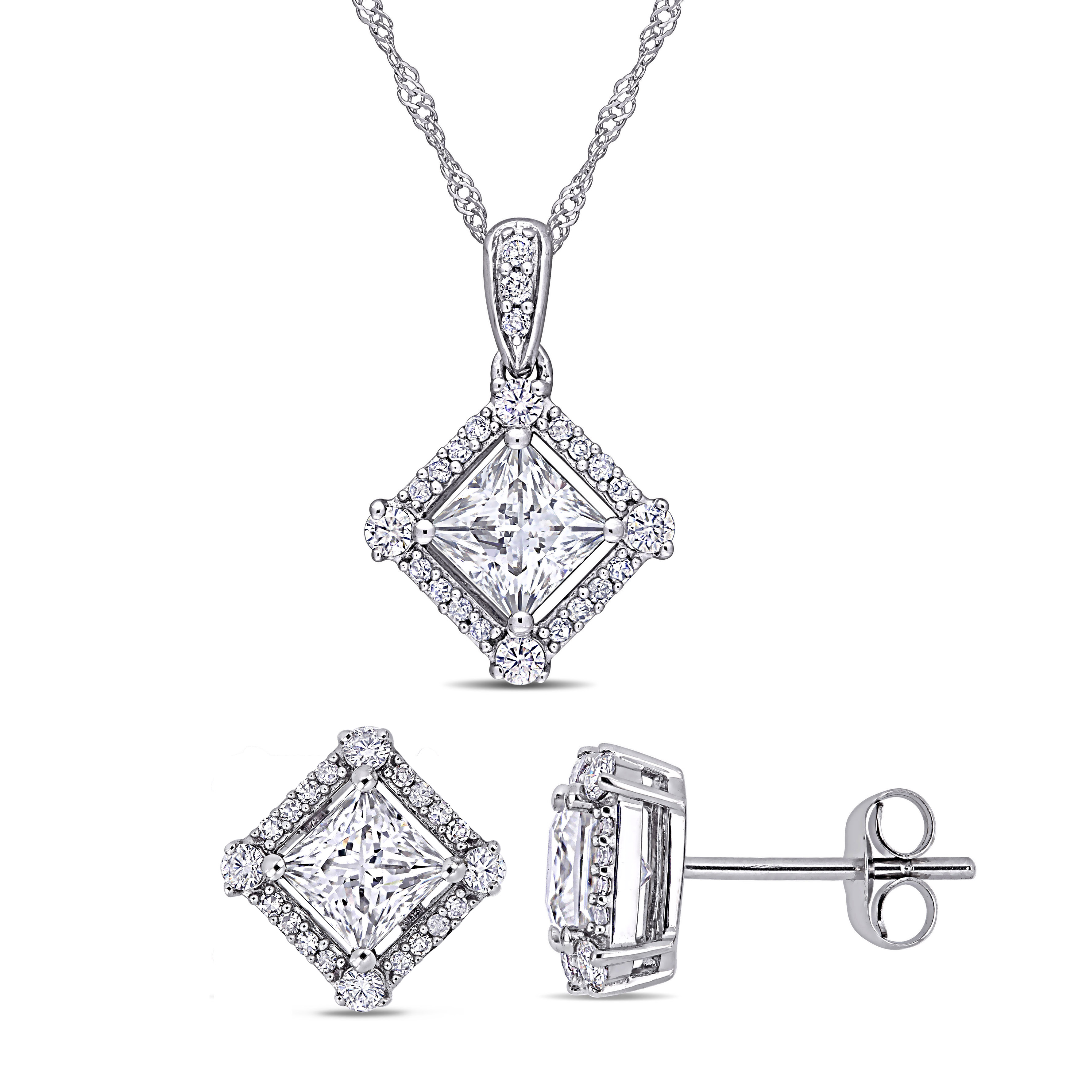 2 1/4 CT DEW and 1/5 CT TW Diamond Princess-Cut Halo Stud Earrings and Pendant 2-Piece Set in 10k White Gold