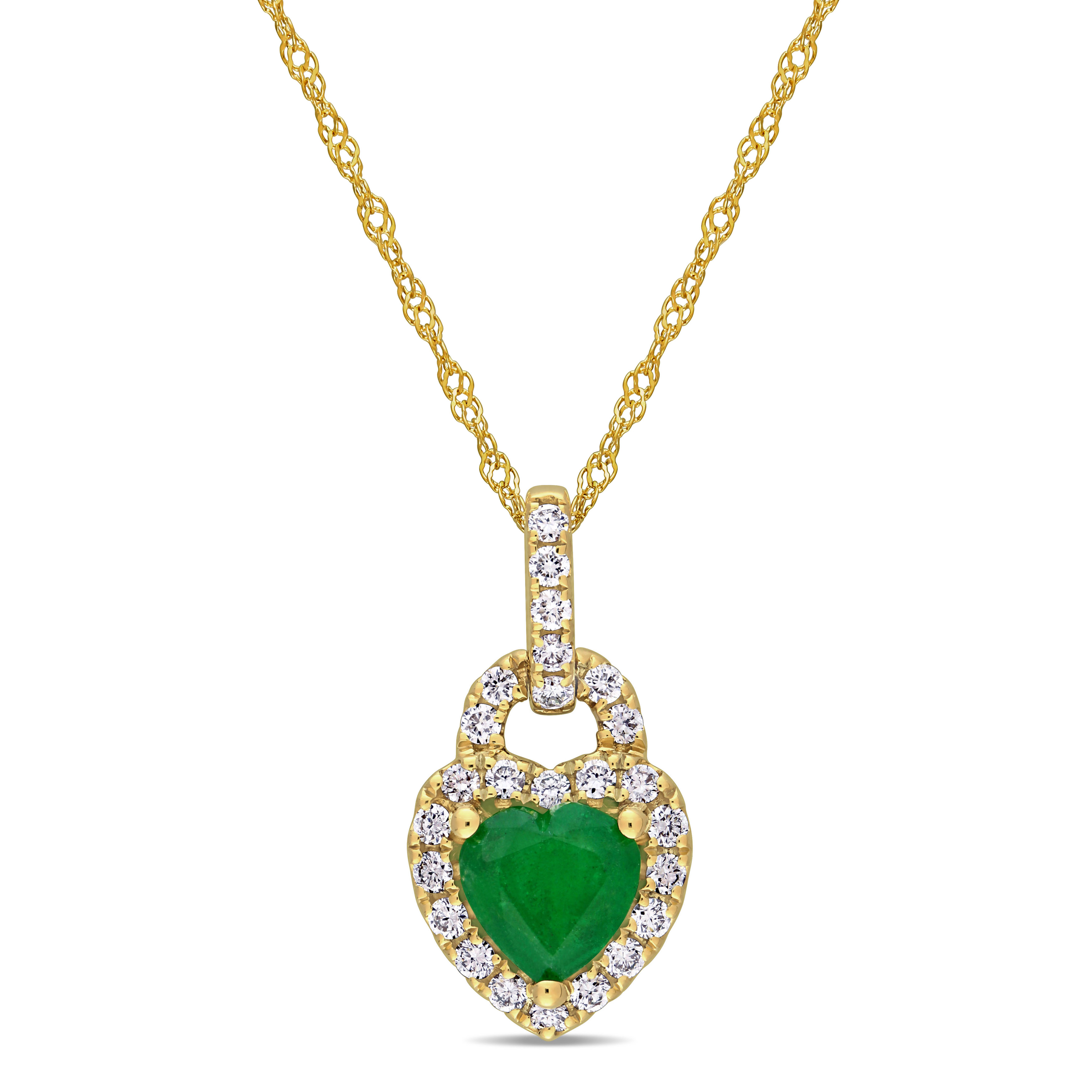 5/8 CT TGW Emerald and 1/4 CT TW Diamond Halo Heart Pendant with Chain in 14k Yellow Gold
