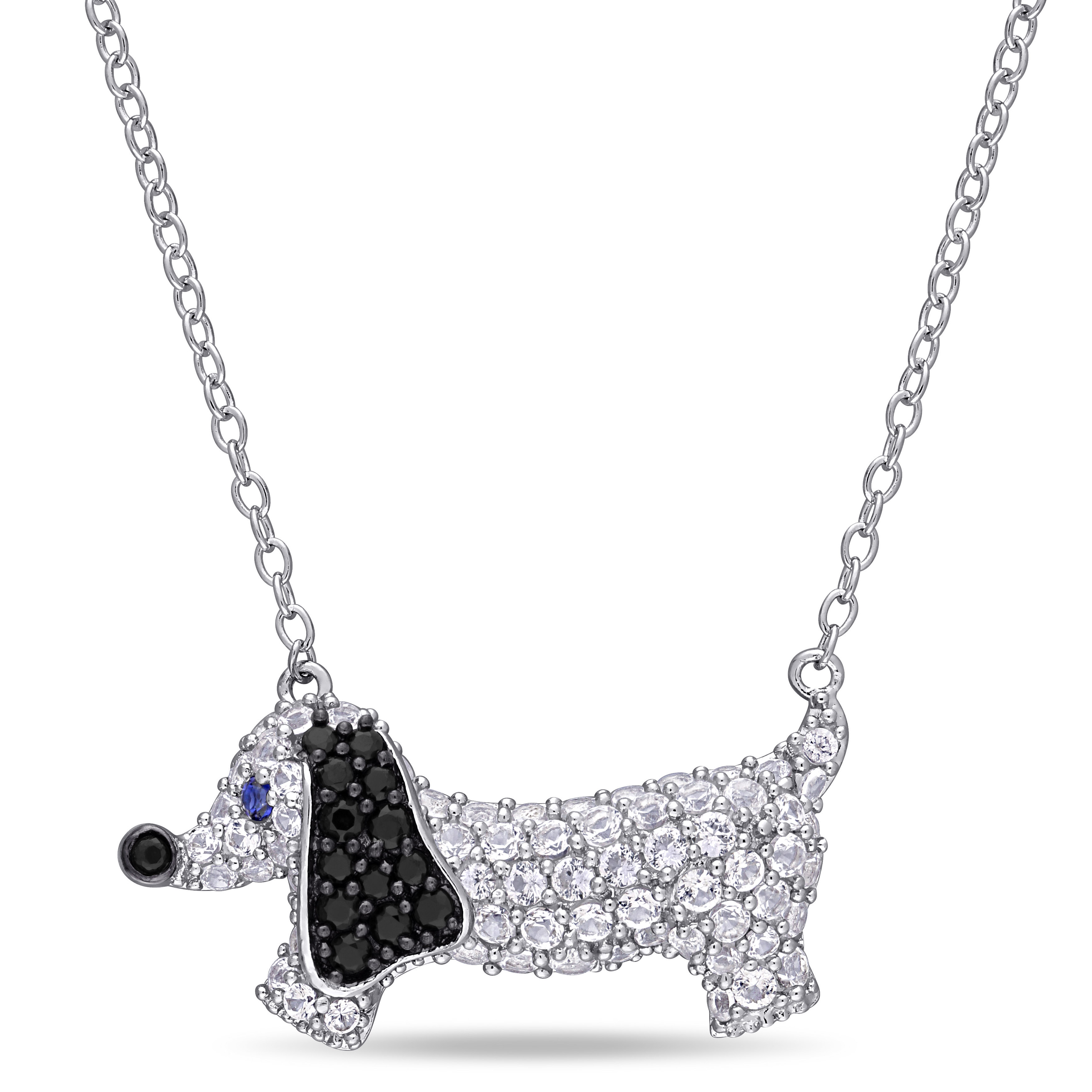 1 1/2 CT TGW Created Blue and White Sapphire Black Spinel Dog Necklace in Sterling Silver