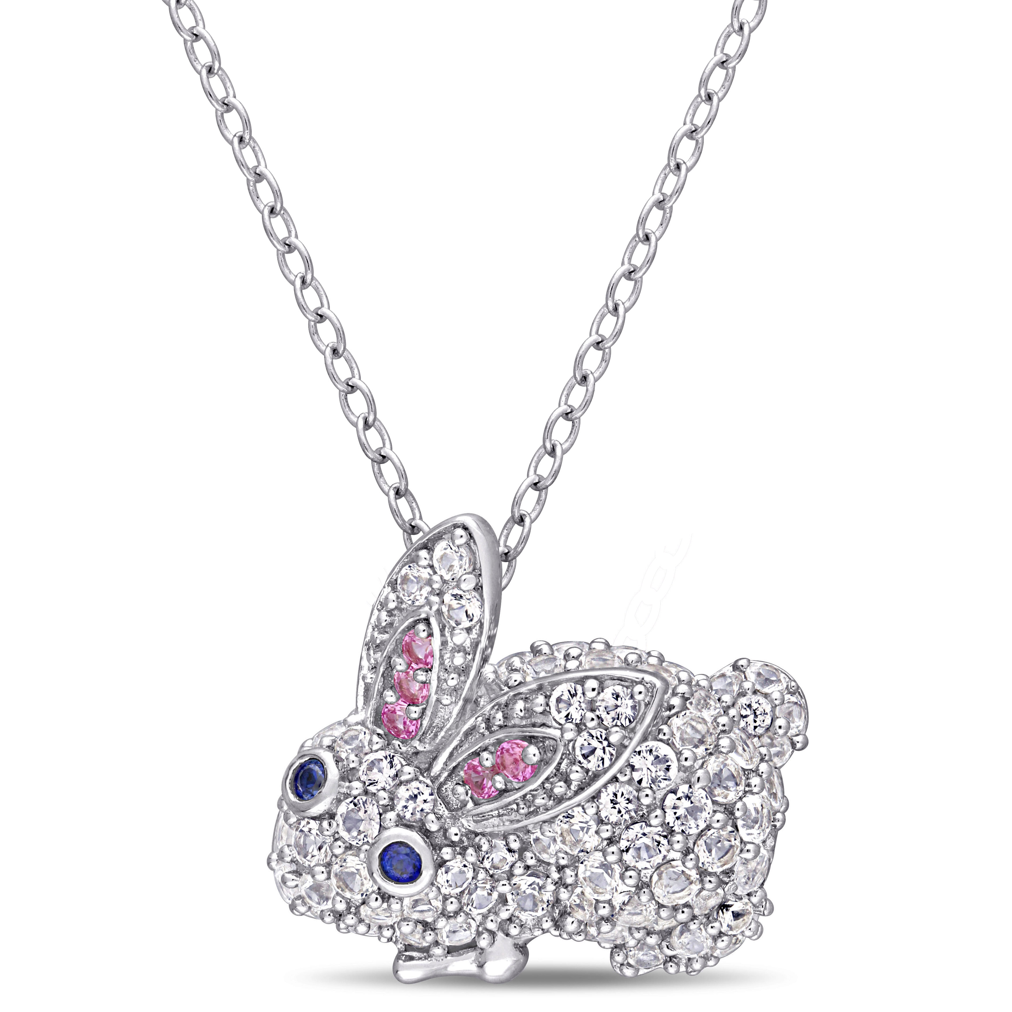 1 1/10 CT TGW Created Pink and White and Blue Sapphire Bunny Necklace in Sterling Silver