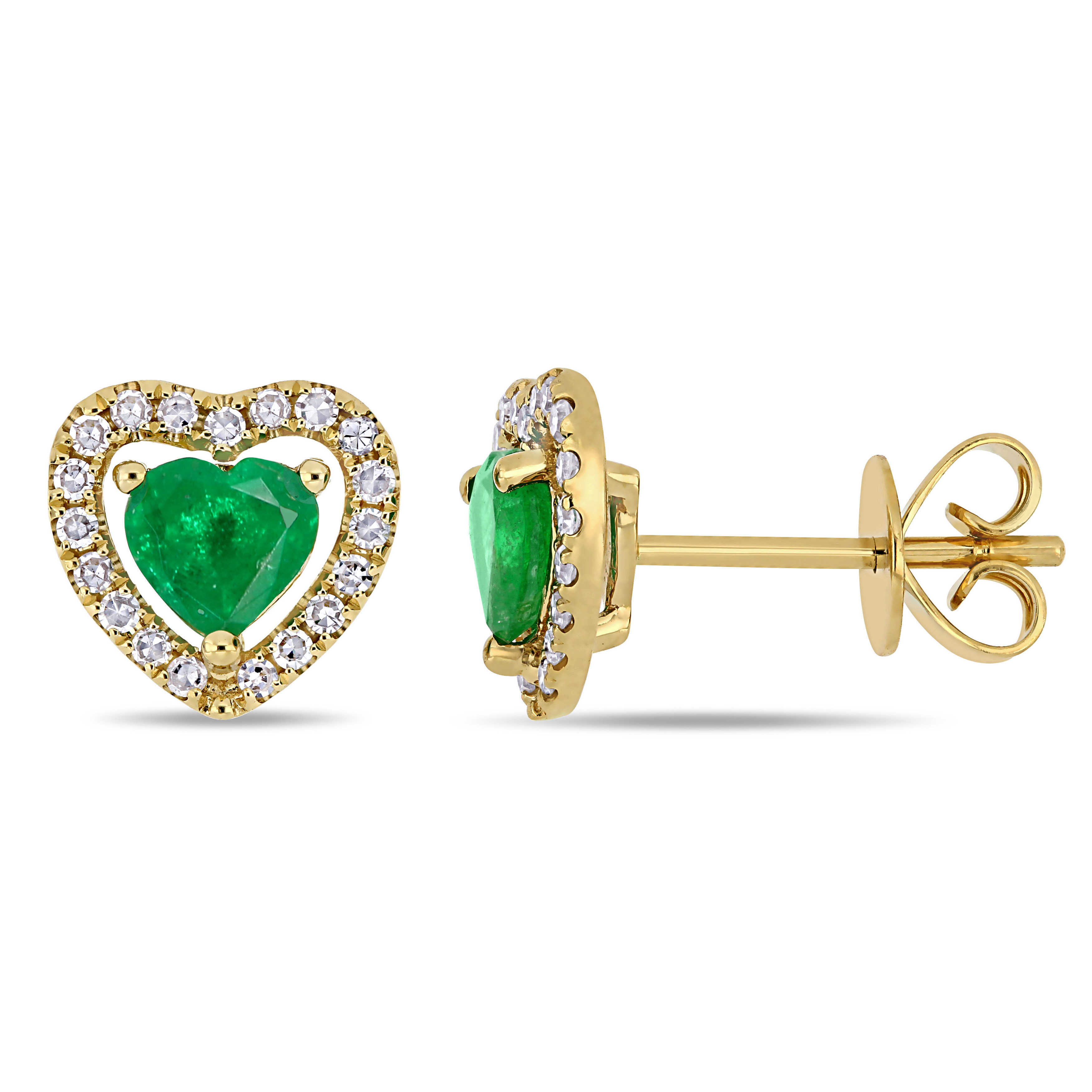 5/8 CT TGW Emerald and 1/5 CT TW Diamond Heart Halo Stud Earrings in 14k Yellow Gold