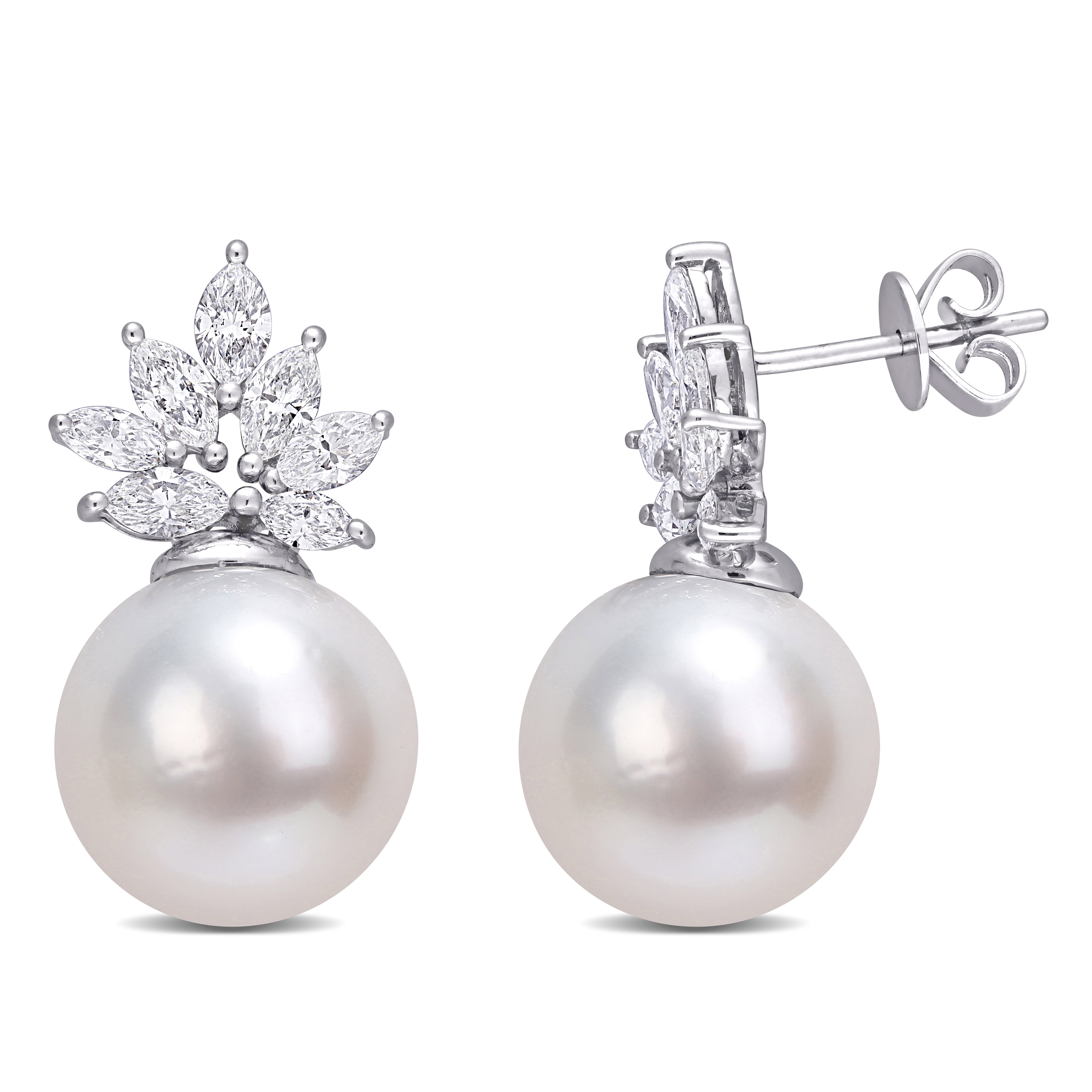 11-12 MM South Sea Cultured Pearl and 1 1/2 CT TW Diamond Cluster Earrings in 14k White Gold