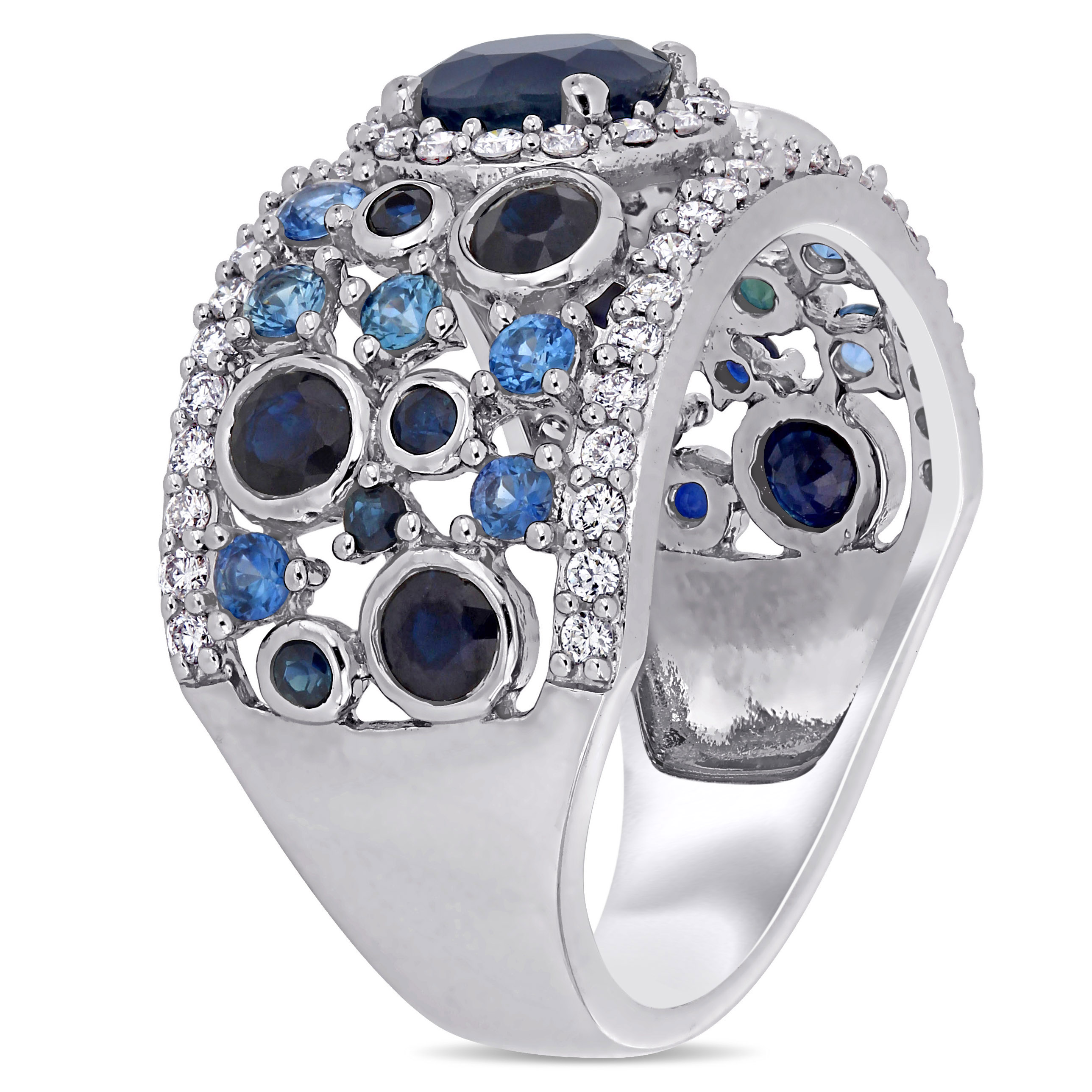 2 5/8 CT TGW Blue Sapphire and 1/2 CT TW Diamond Halo Cluster Ring in 14k White Gold