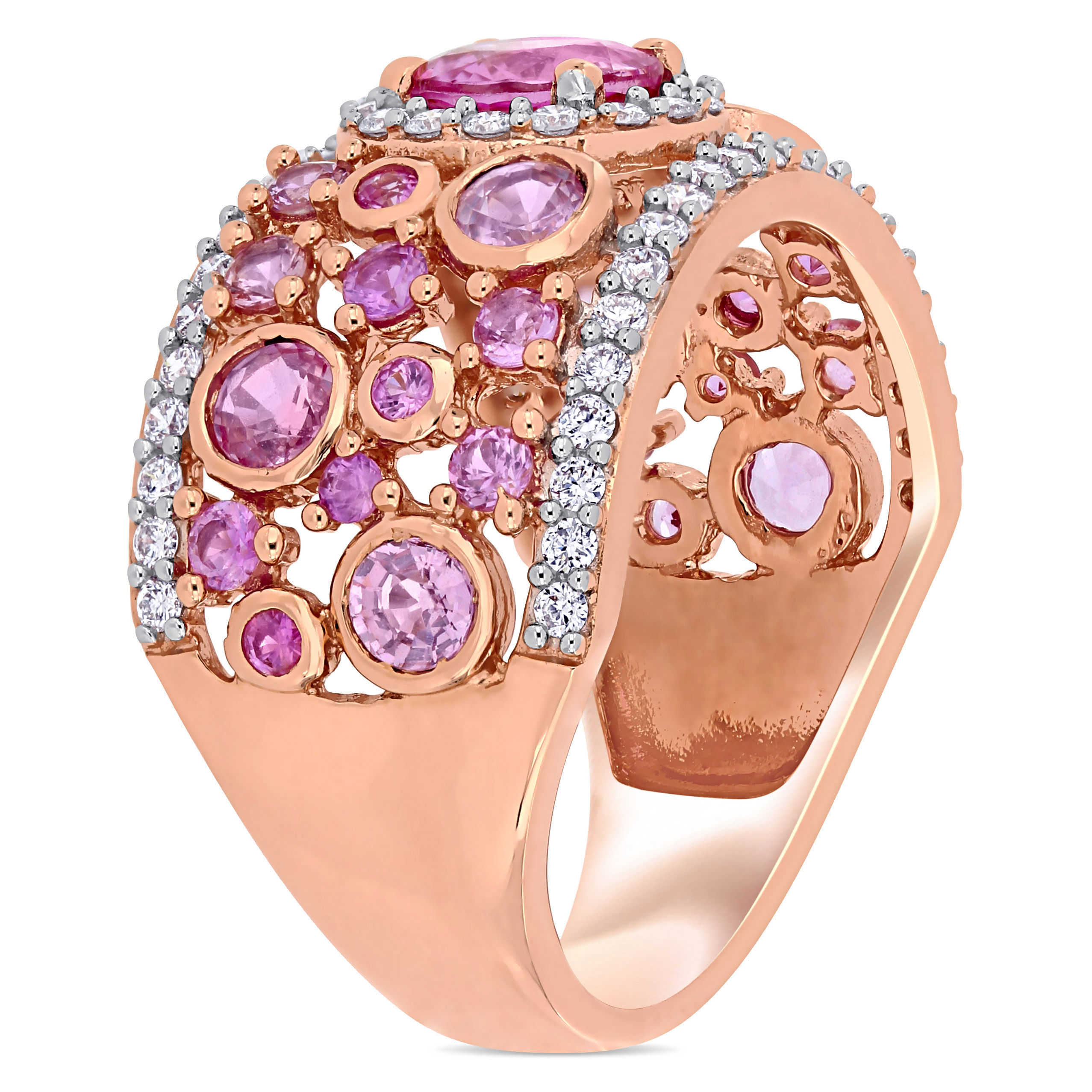 Pink Sapphire and 1/2 CT TW Diamond Halo Cuff Ring in 14k Rose Gold