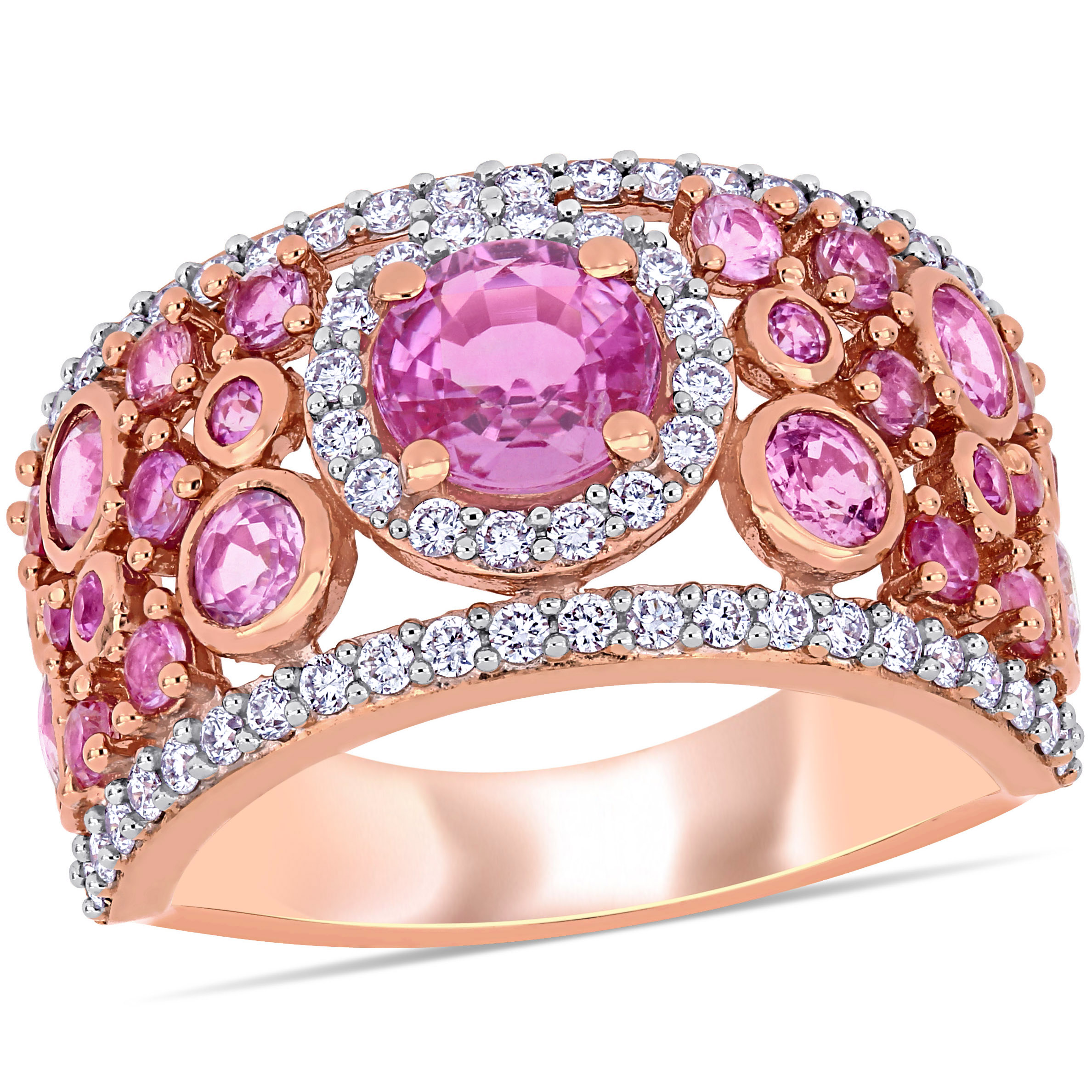 Pink Sapphire and 1/2 CT TW Diamond Halo Cuff Ring in 14k Rose Gold