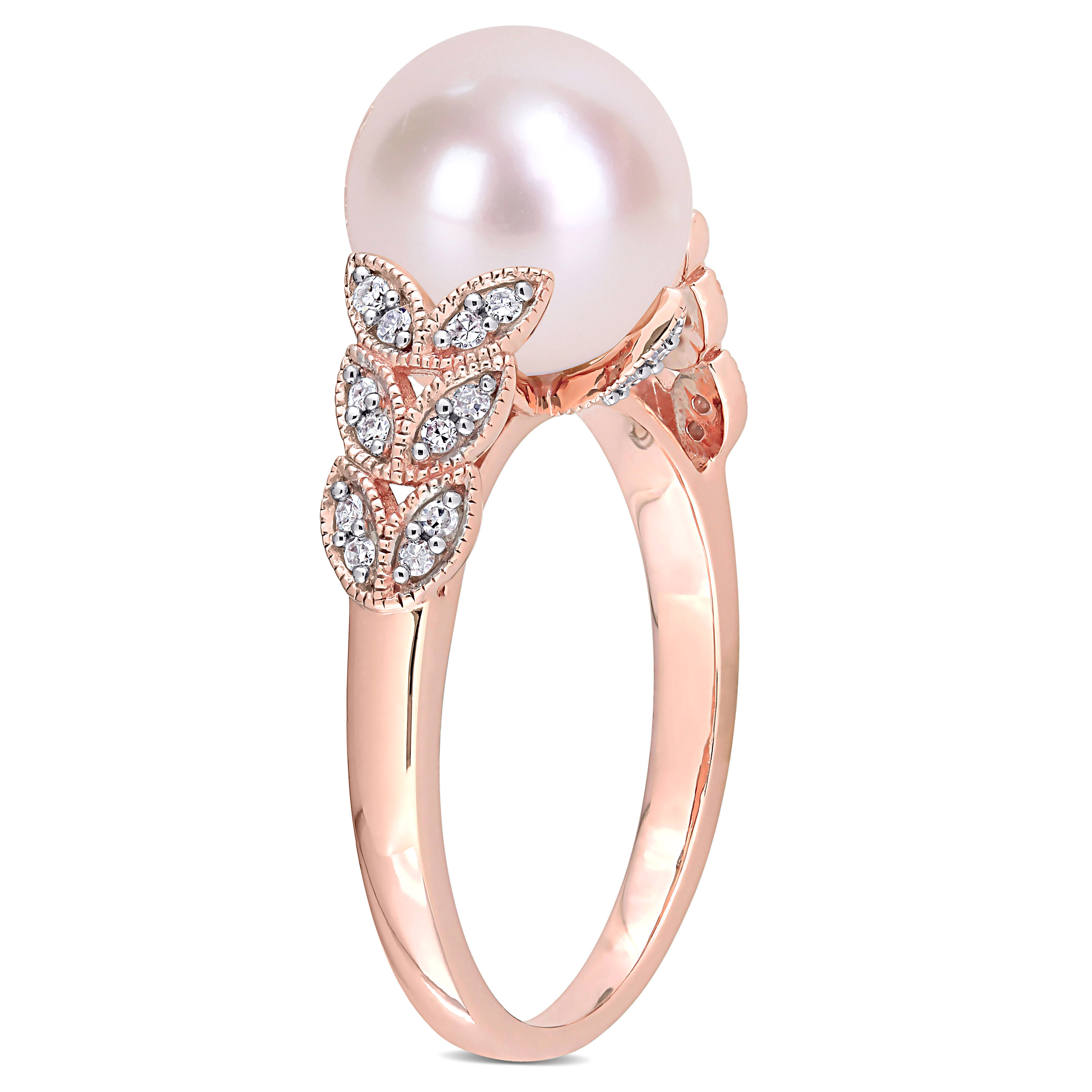 9.5-10mm Cultured Freshwater Pearl and 1/6 CT TW Diamond Leaf Ring in 10k Rose Gold