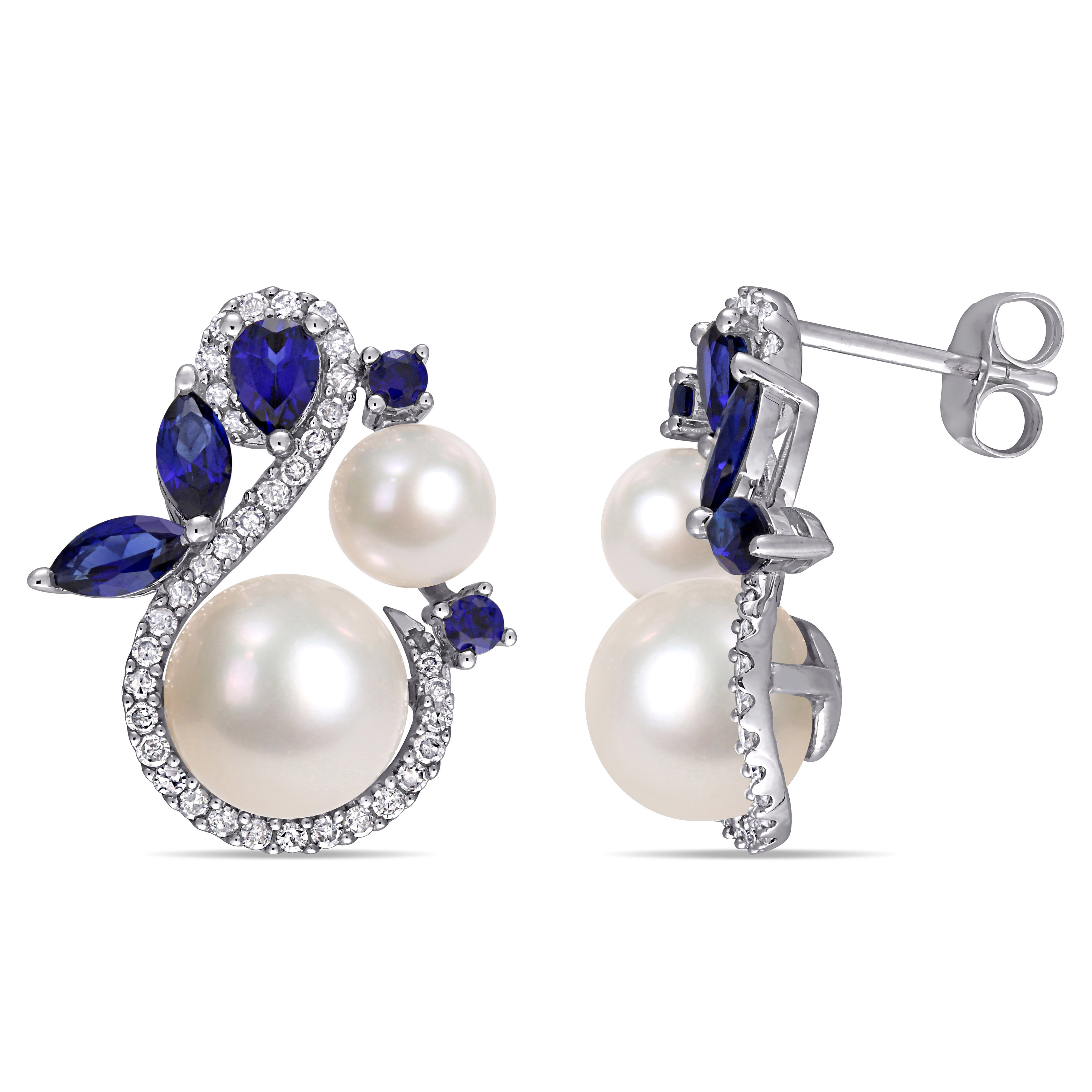 Cultured Freshwater Pearl and Created Sapphire and 1/3 CT TW Diamond Swan Stud Earrings in 10k White Gold