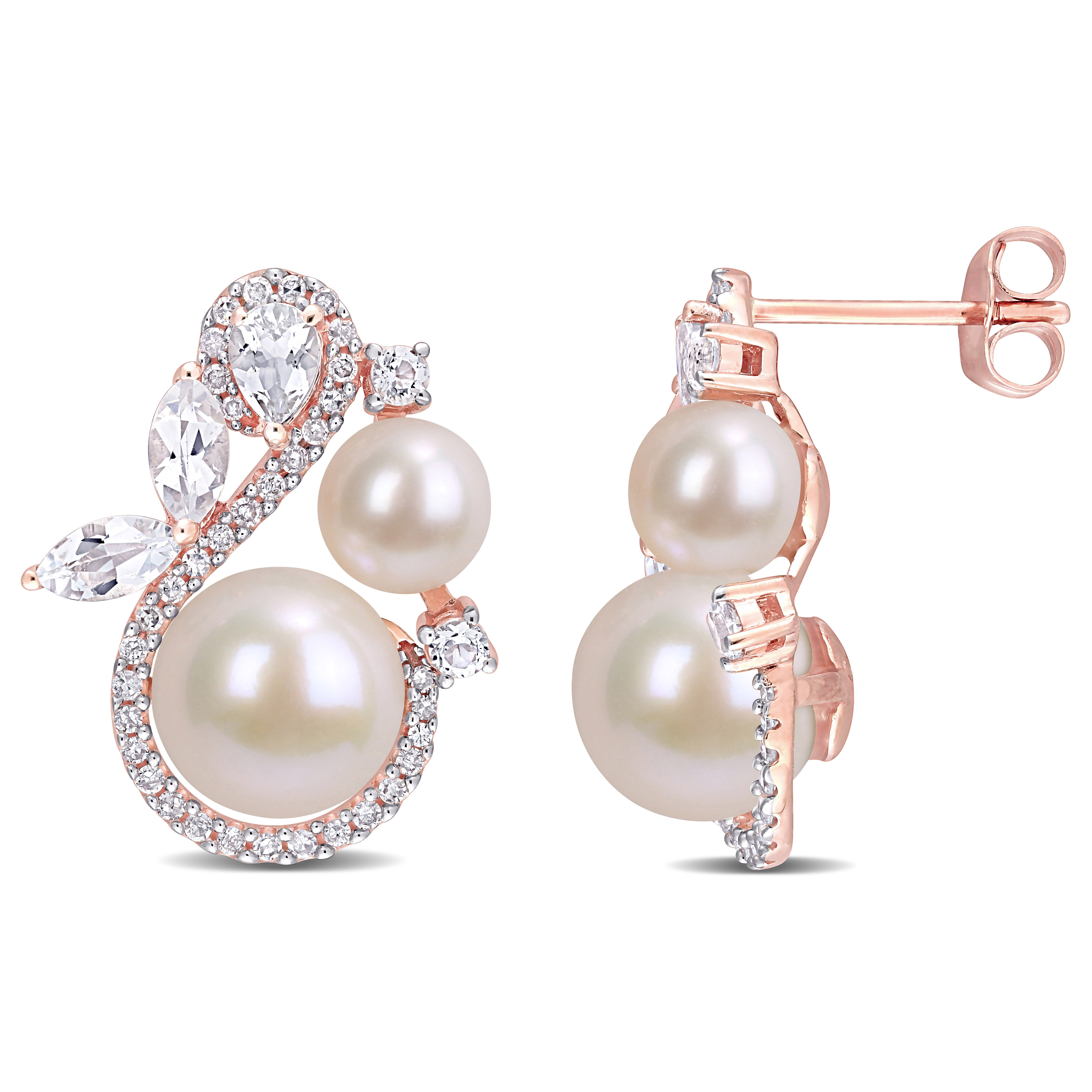 5.5-6 MM Cultured Freshwater White Pearl and 1 1/8 CT TGW White Topaz with 1/3 CT TW Diamond Earrings in 10k Rose Gold