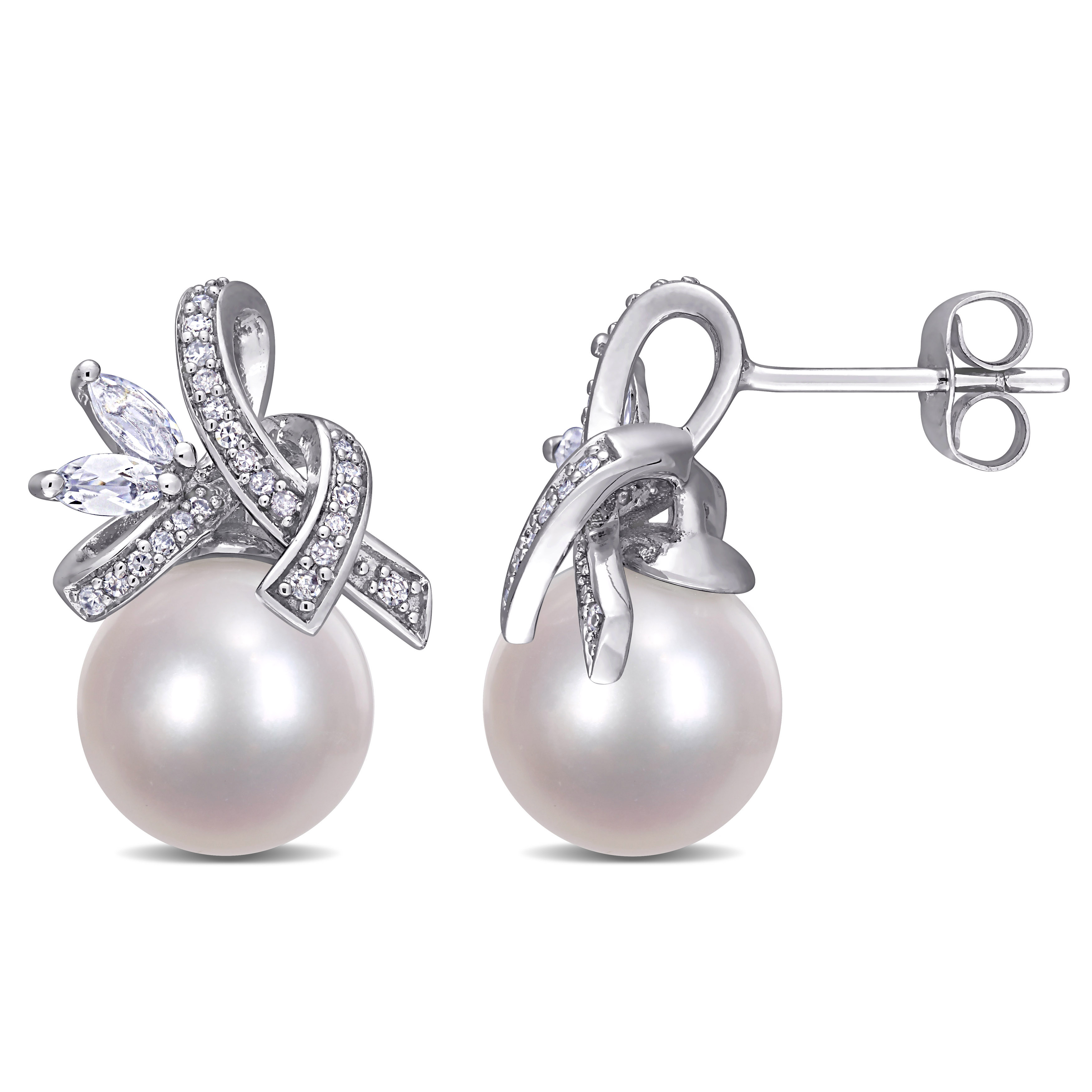 9.5 - 10 MM Freshwater Cultured Pearl and White Topaz and 1/6 CT TW Diamond Flower Stud Earrings in 10k White Gold