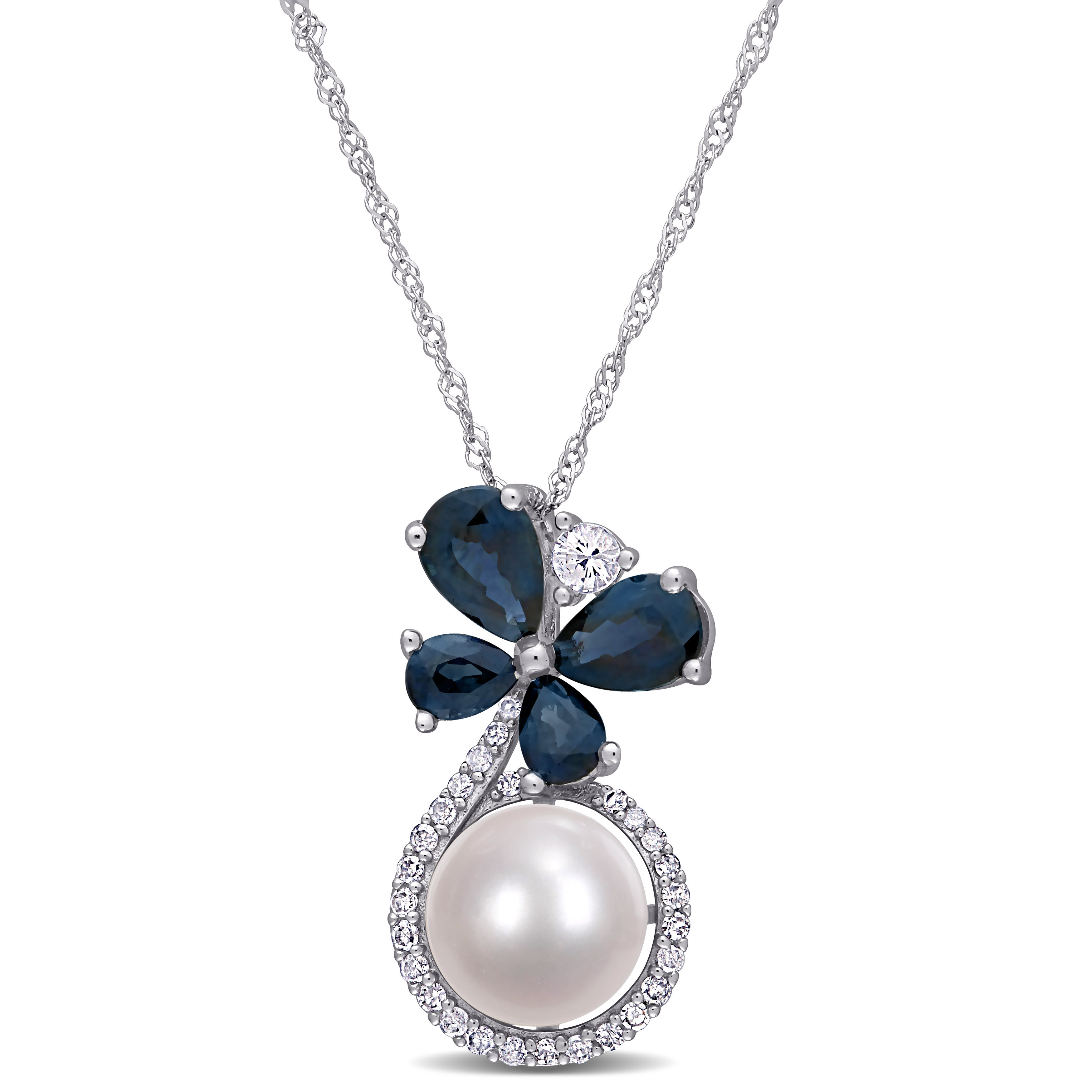 7.5-8 MM Cultured Freshwater Pearl and Sapphire White Sapphire and 1/8 CT TW Diamond Butterfly Drop Necklace in 10k White Gold