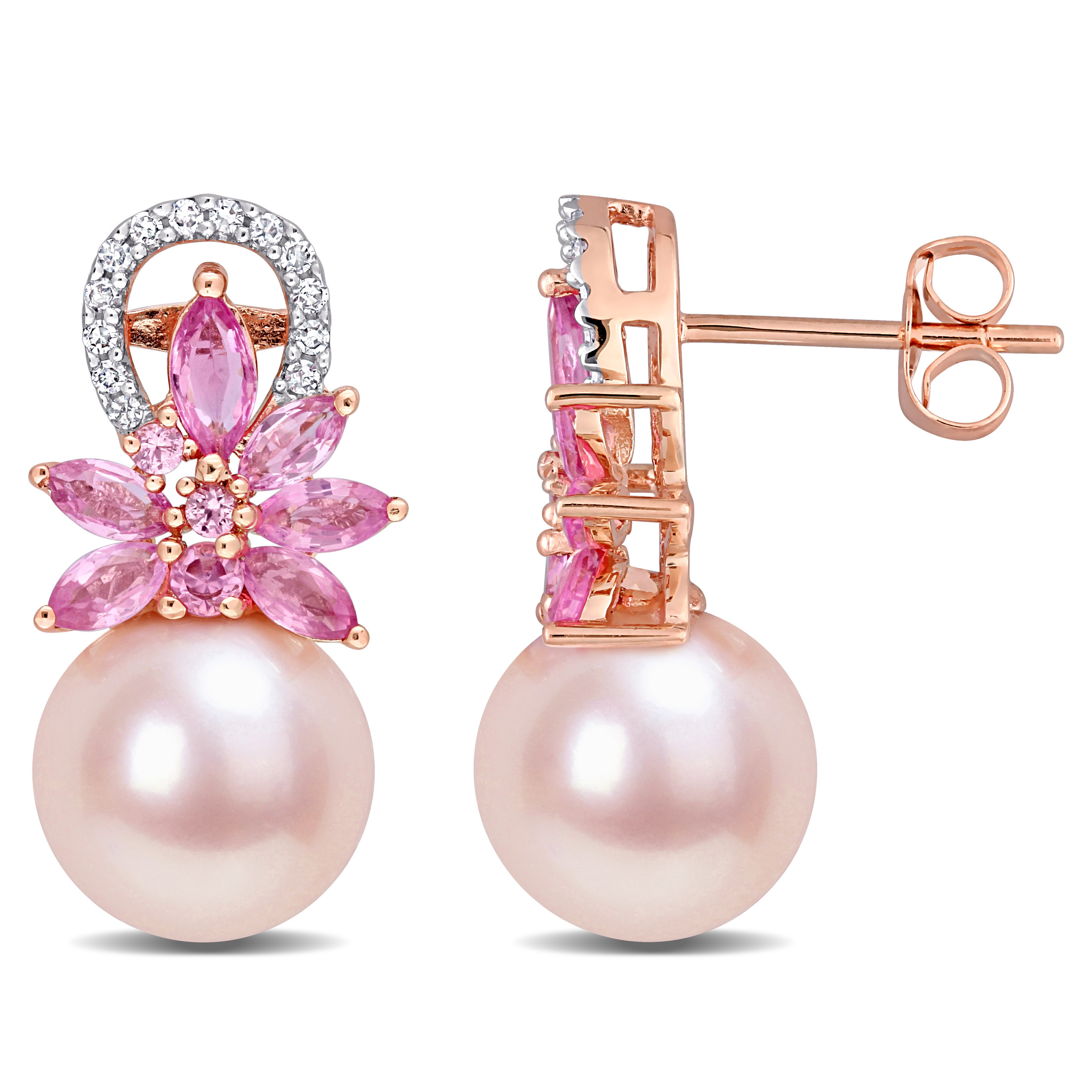 9-9.5 MM Pink Cultured Freshwater Pearl and Pink Sapphire and 1/8 CT TW Diamond Flower Drop Earrings in 14k Rose Gold