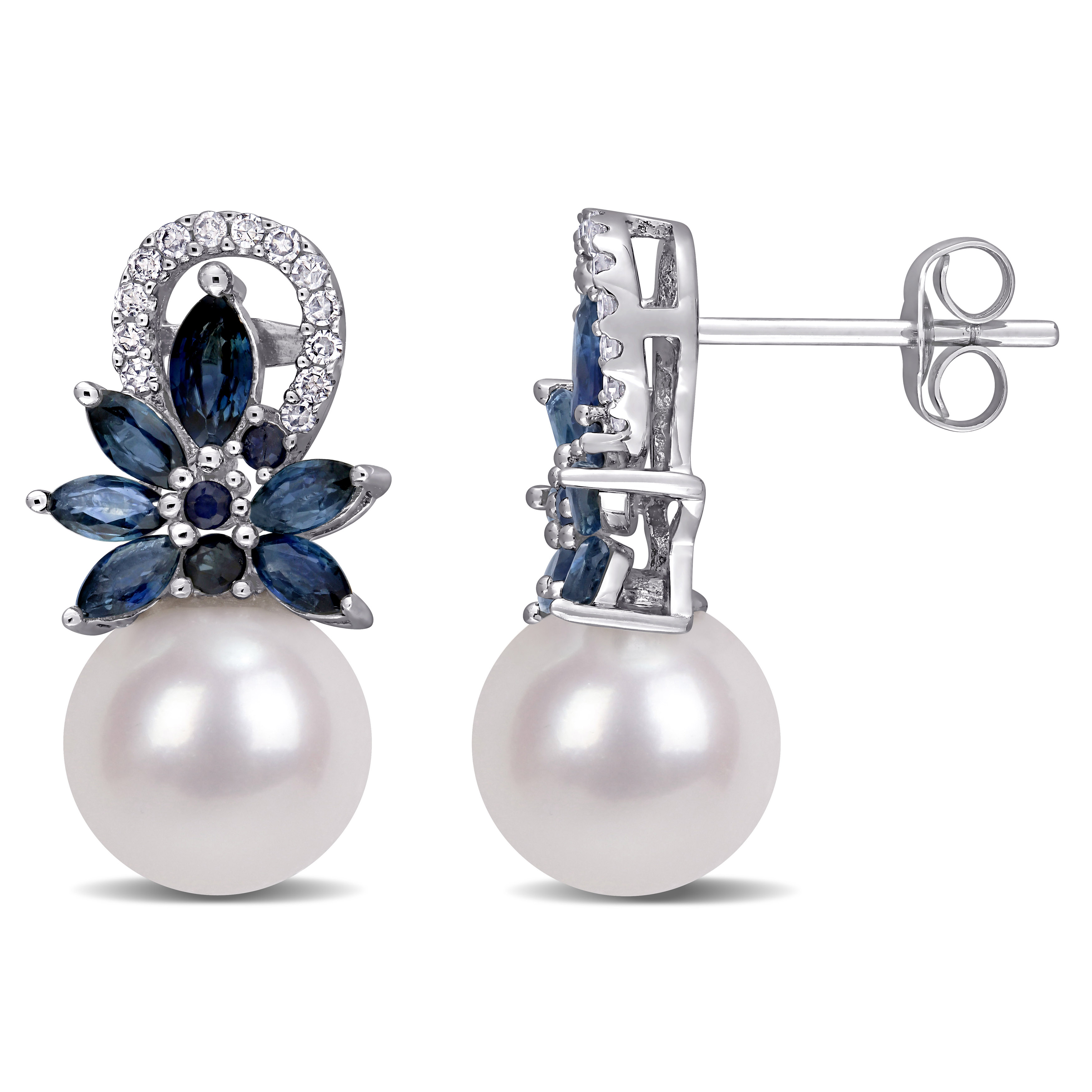 9-9.5 MM Cultured Freshwater Pearl and Sapphire and 1/8 CT TW Diamond Flower Drop Earrings in 14k White Gold