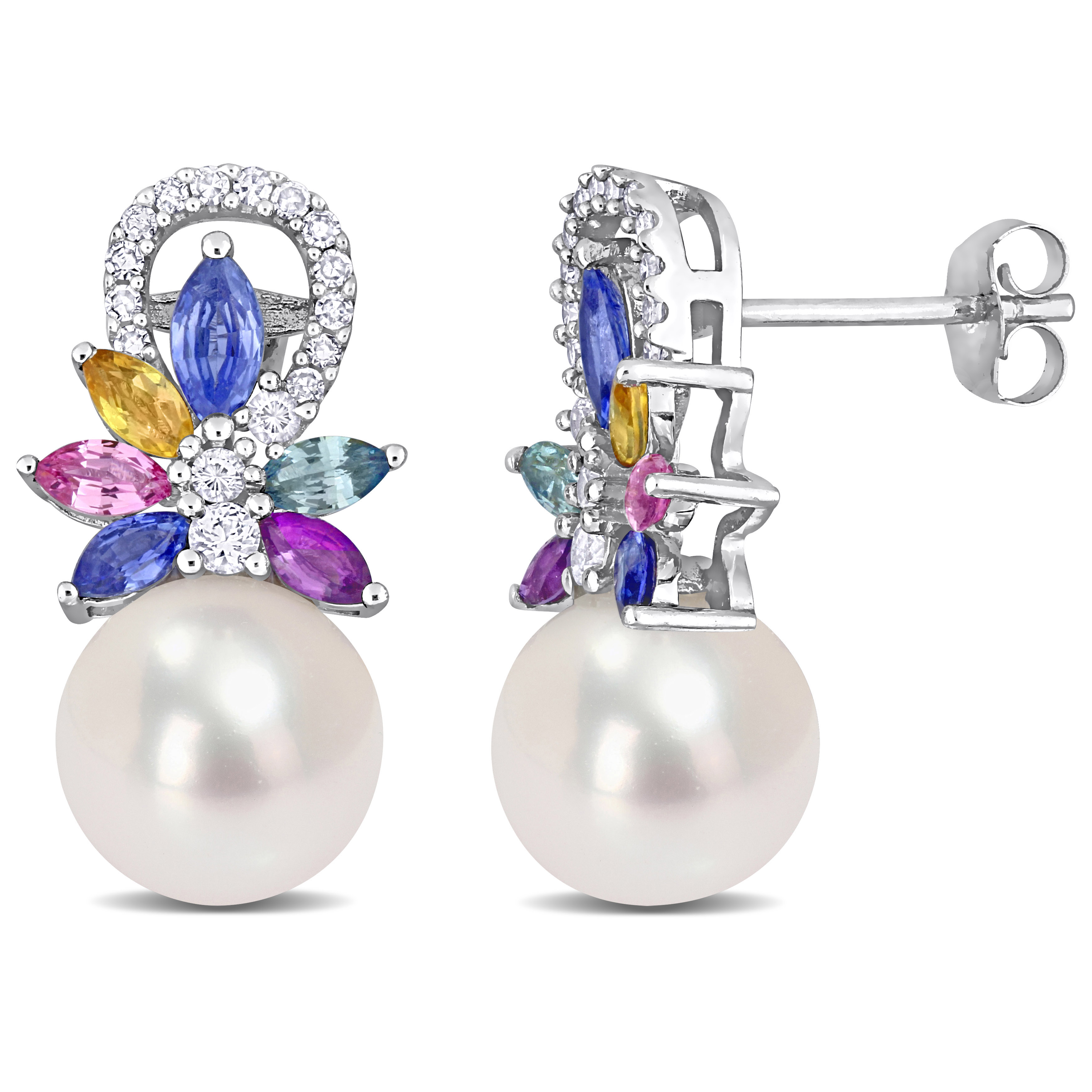 9-9.5 MM Cultured Freshwater Pearl and Multi Sapphire (Light Blue, White, Yellow, Pink, Purple & Green) and 1/8 CT TW Diamond Flower Drop Earrings in 14k White Gold