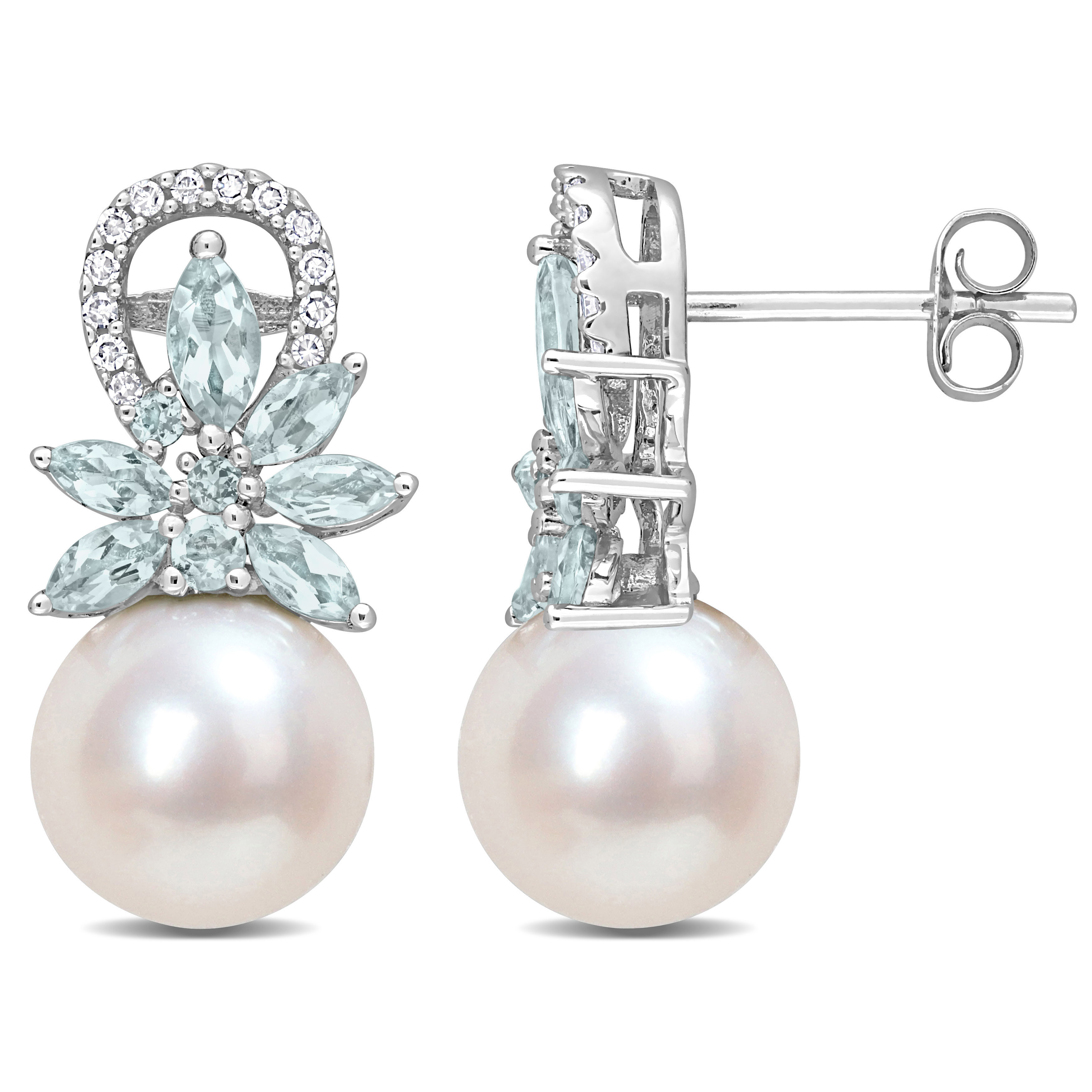 9 - 9.5 MM Cultured Freshwater Pearl and Aquamarine and 1/8 CT TW Diamond Flower Drop Earrings in 14k White Gold