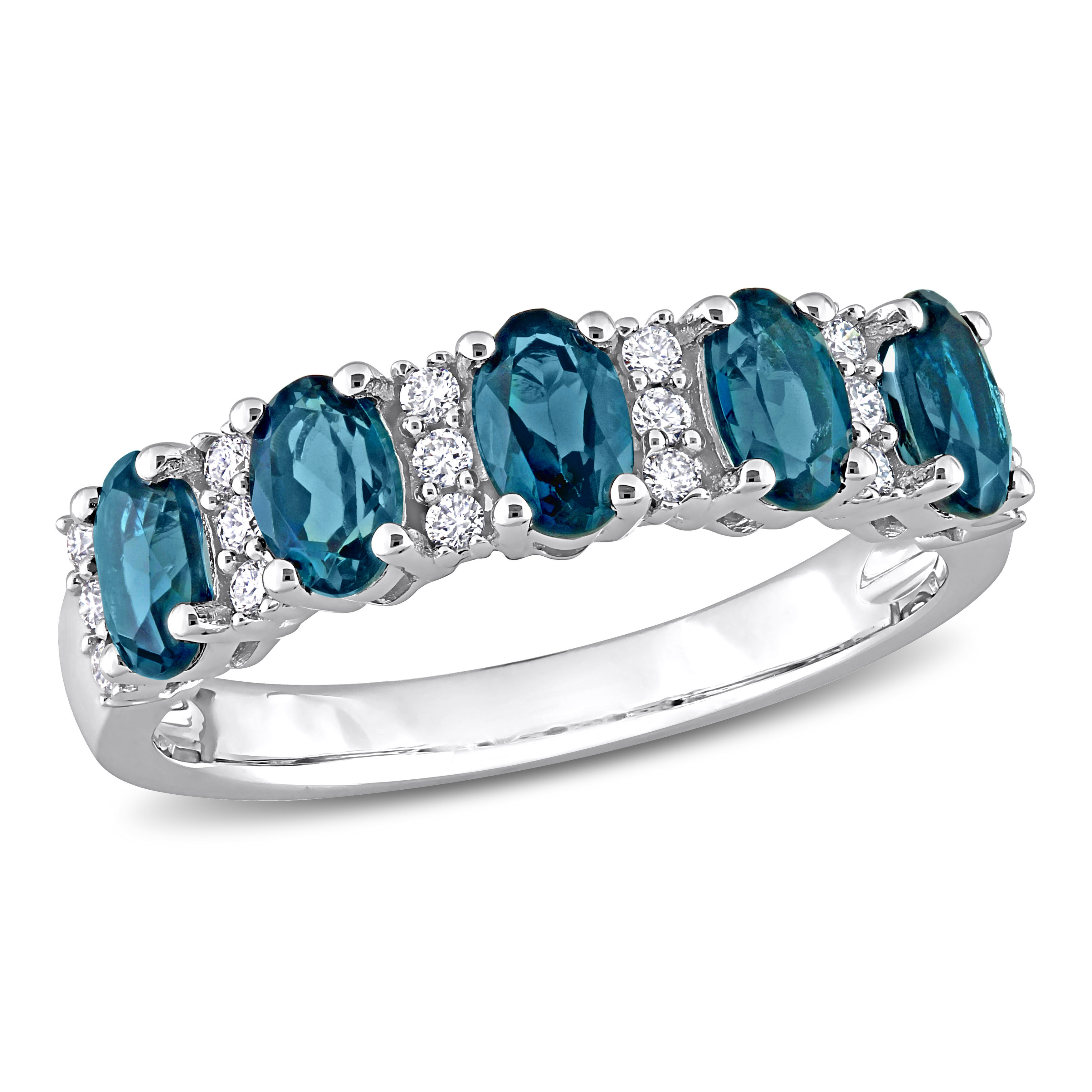 1 1/2 CT TGW London Blue Topaz and 1/6 CT TDW Diamond Five Stone Ring in 14k White Gold