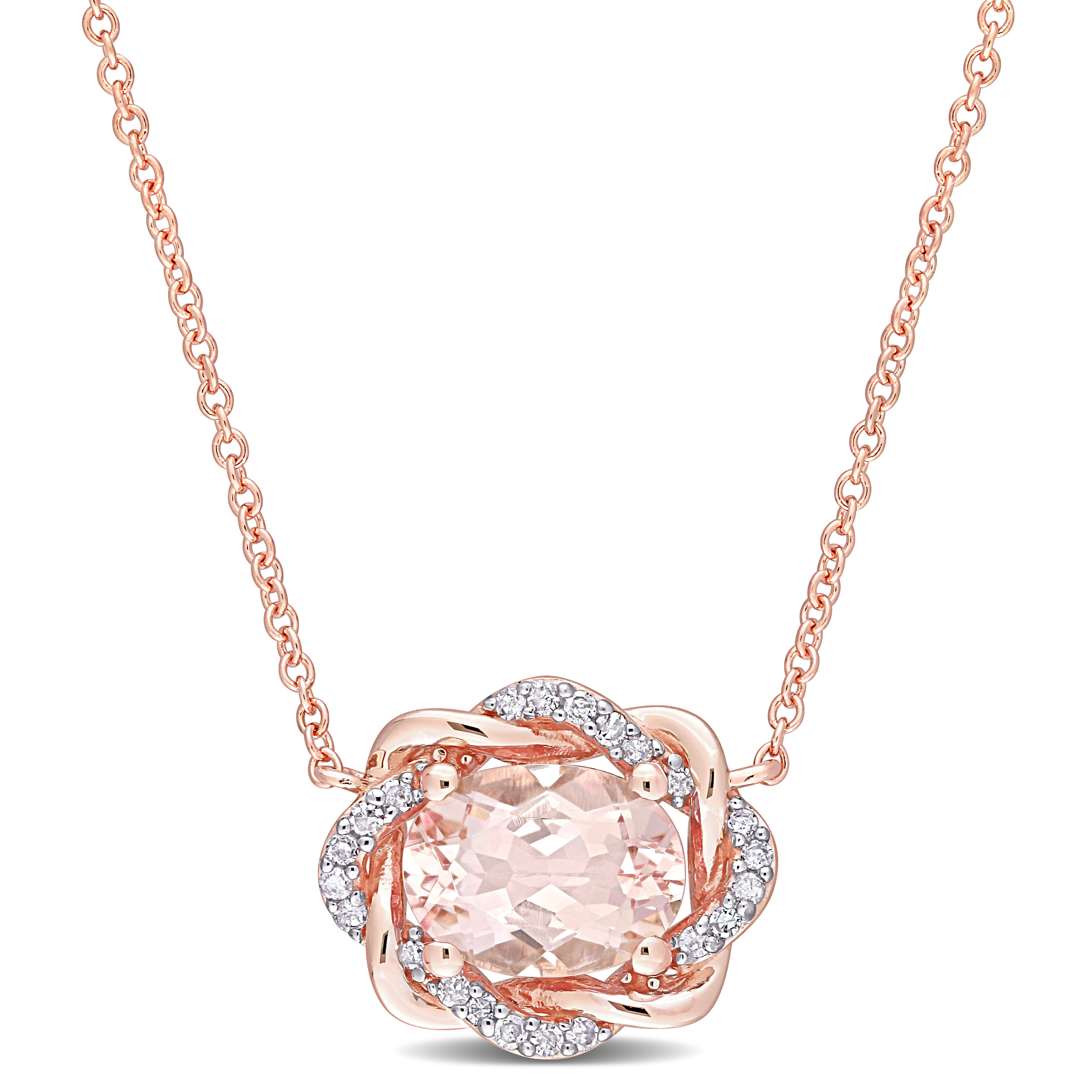 1 1/7 CT TGW Morganite and 1/10 CT Diamond TW Interlaced Halo Necklace in 10k Rose Gold - 17 in.