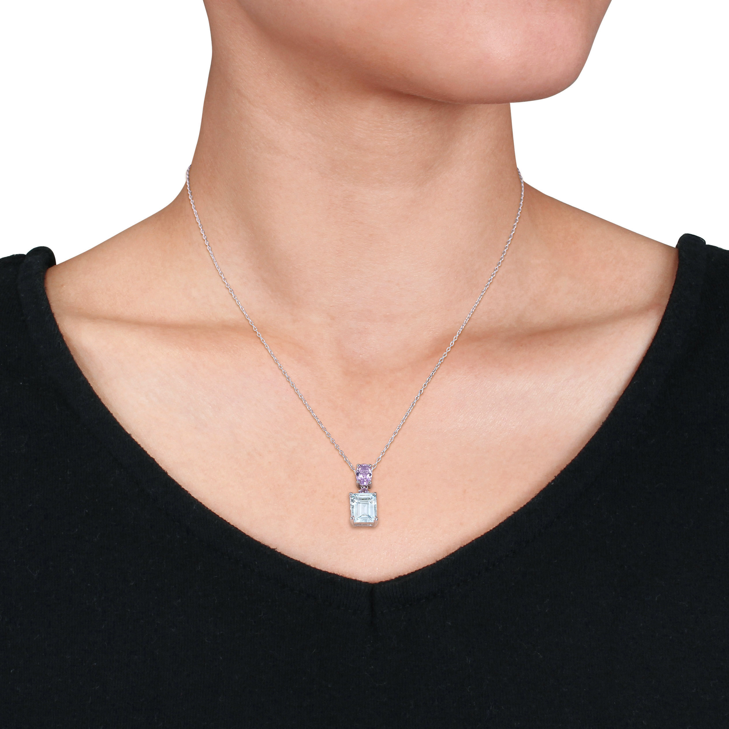 3 4/5 CT TGW Ice Aquamarine and Amethyst Two-Tier Dangle Pendant with Chain in Sterling Silver
