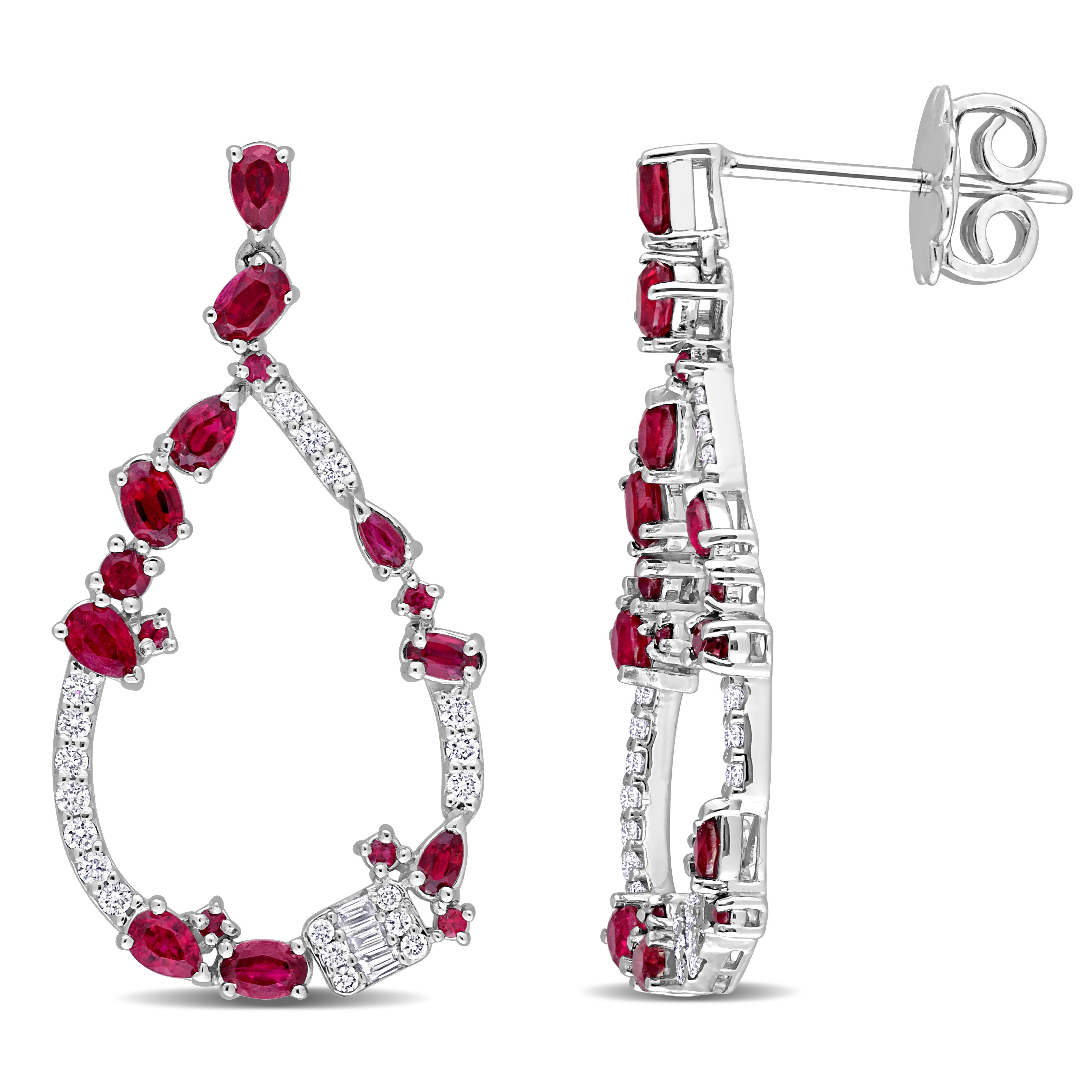 1/4 CT Round And Parallel Baguette Diamonds TW And 4 1/6 CT TGW Ruby Fashion Post Earrings in 14K White Gold