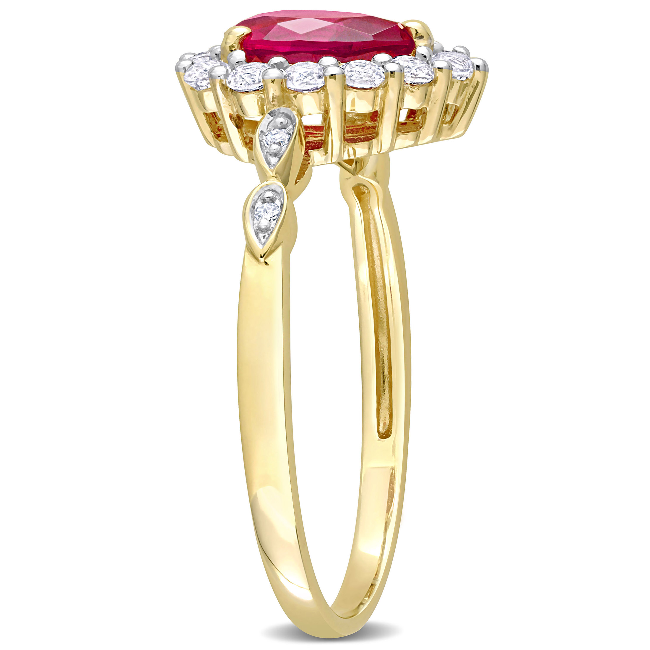 2 3/8 CT TGW Pear Shape Created Ruby and White Topaz and Diamond-Accent Halo Ring in 10k Yellow Gold