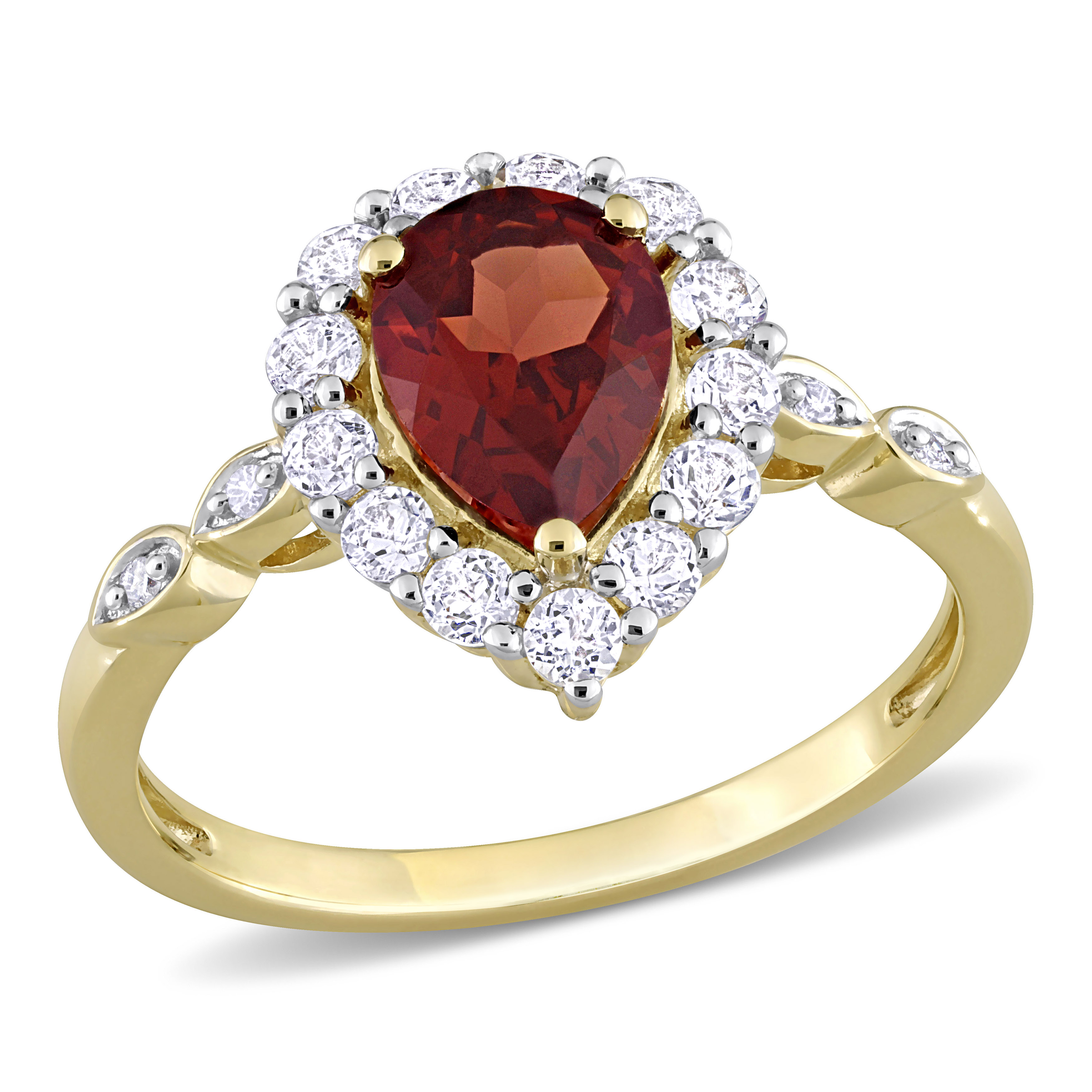 1 7/8 CT TGW Pear Shape Garnet and White Topaz and Diamond-Accent Halo Ring in 10k Yellow Gold