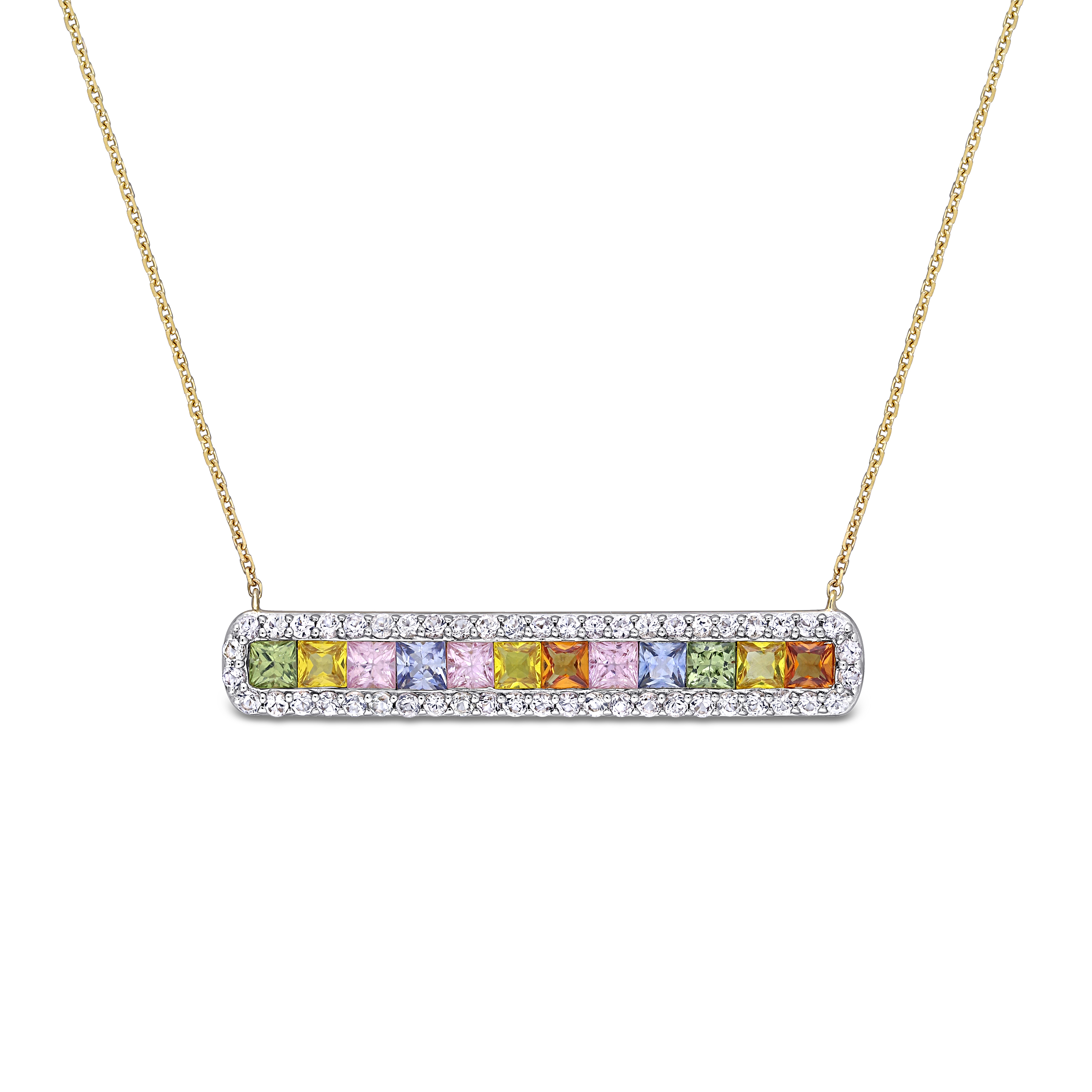 3 1/2 CT TGW Multi-Color Sapphire Bar Necklace in 14k Yellow Gold - 16 in.