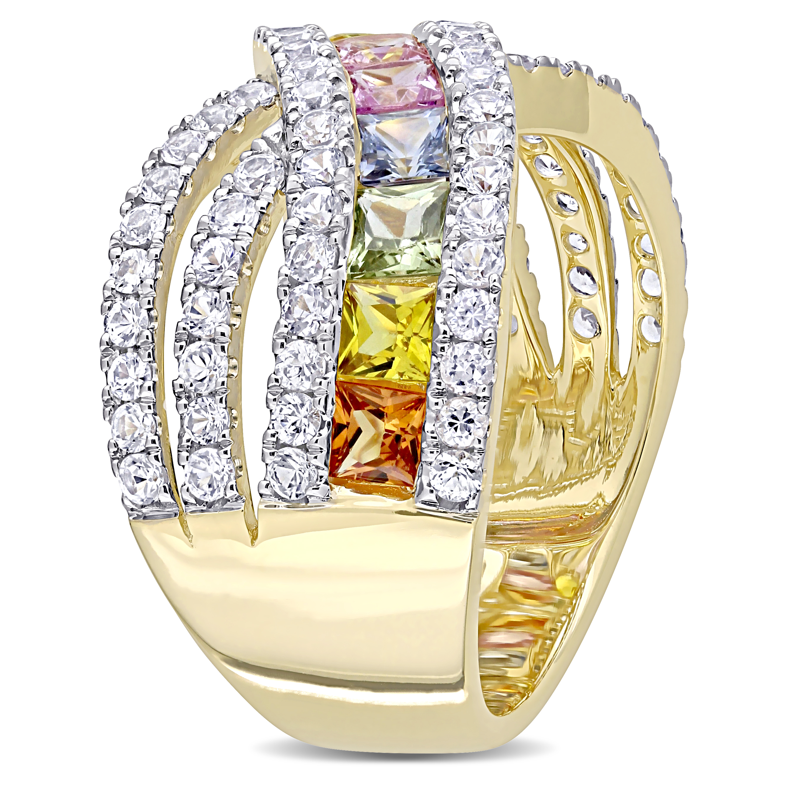 3 3/4 CT TGW Multi-Color Sapphire Crisscross Ring in 14k Yellow Gold