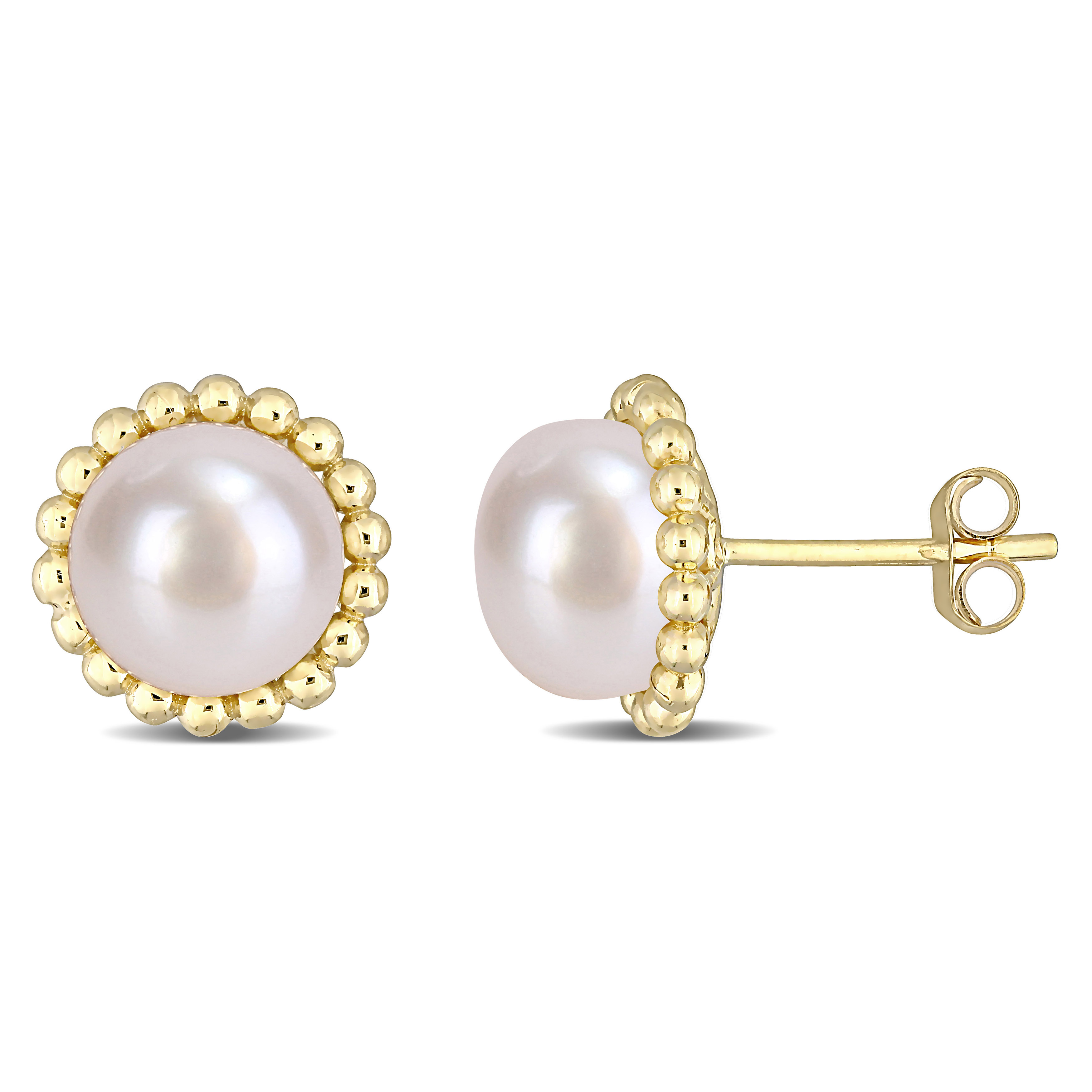 8-8.5  MM Cultured Freshwater White Pearl Beaded Stud Earrings in 10k Yellow Gold