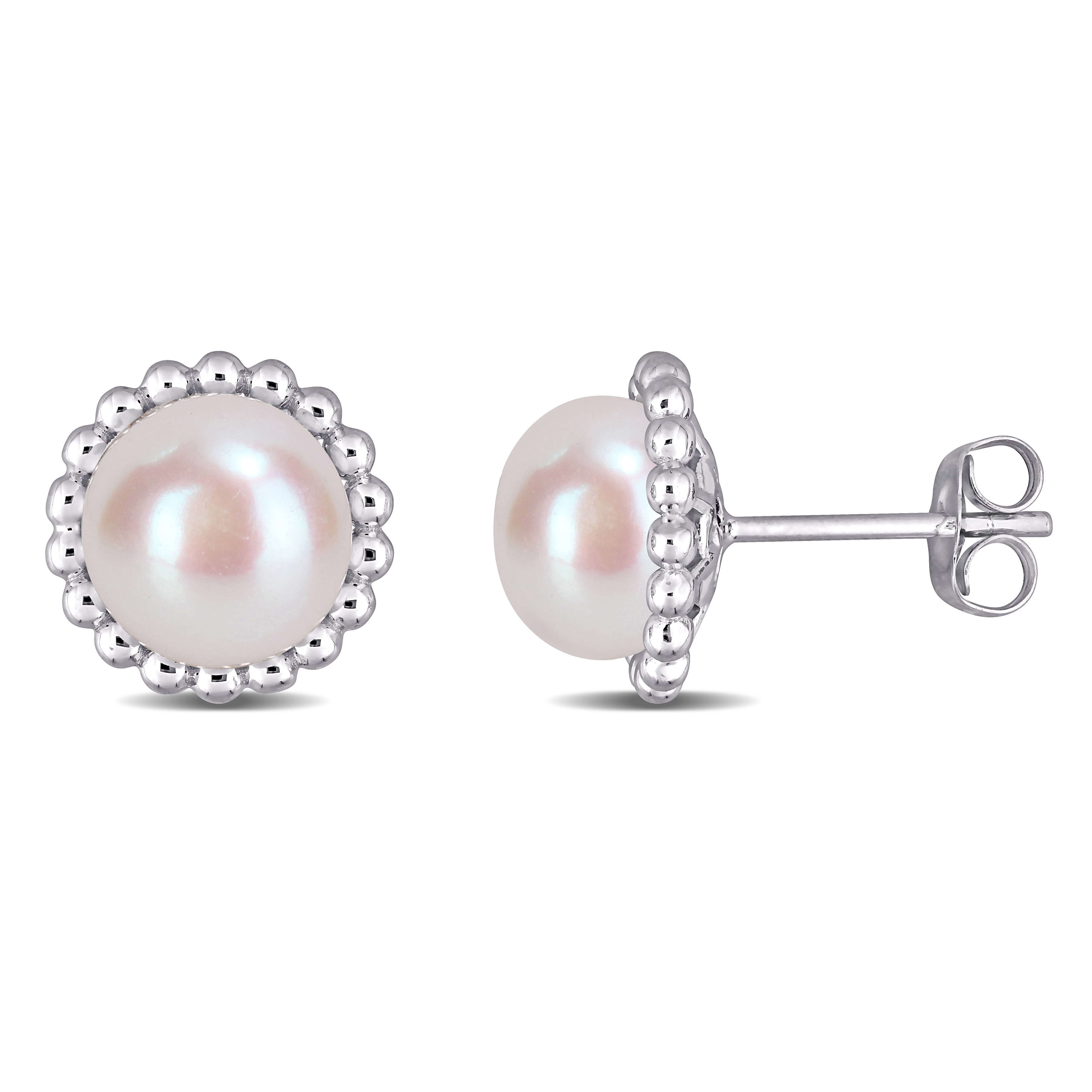 8-8.5  MM Cultured Freshwater White Pearl Halo Stud Earrings in 10k White Gold