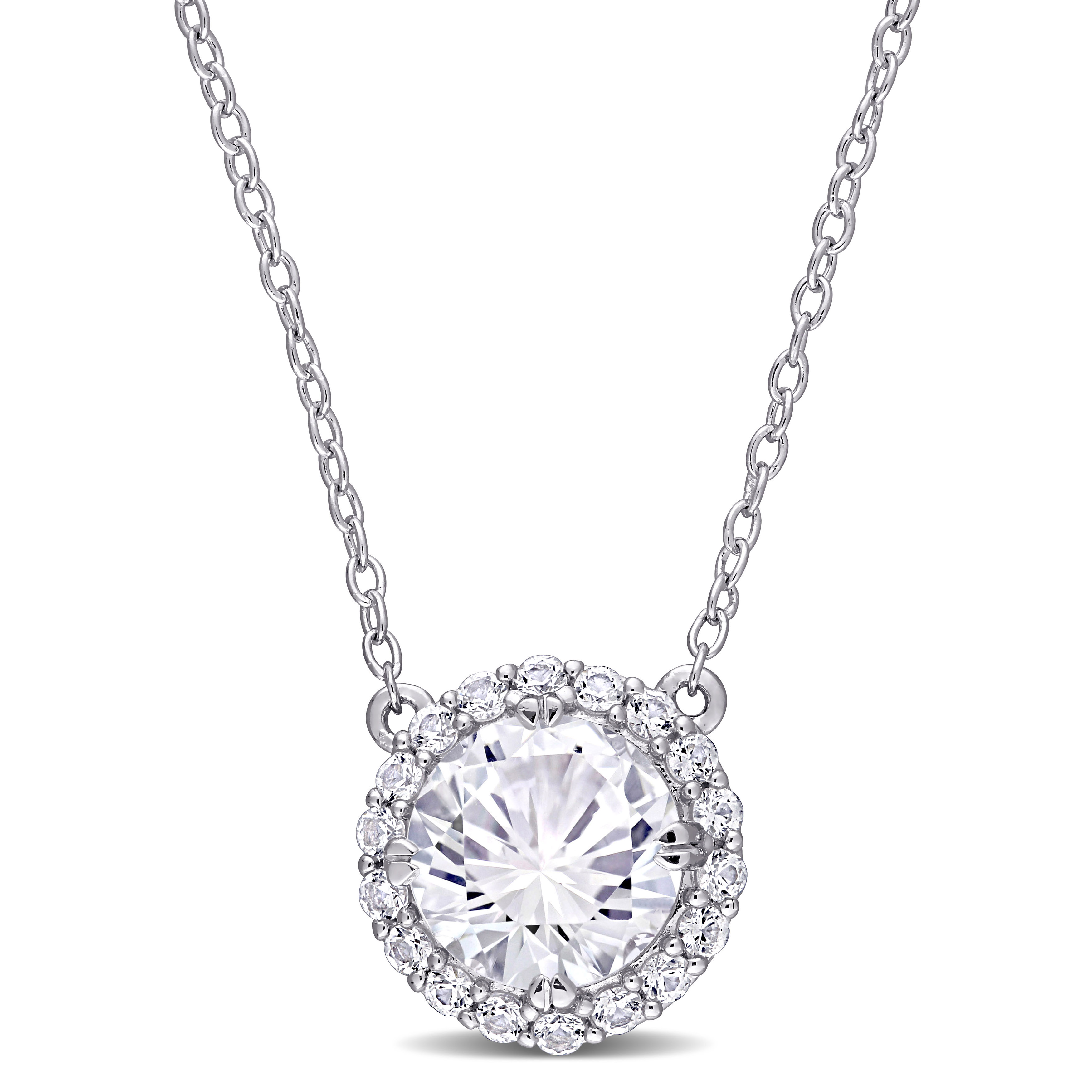 2 3/4 CT TGW Created White Sapphire Solitaire Halo Drop Pendant with Chain in Sterling Silver