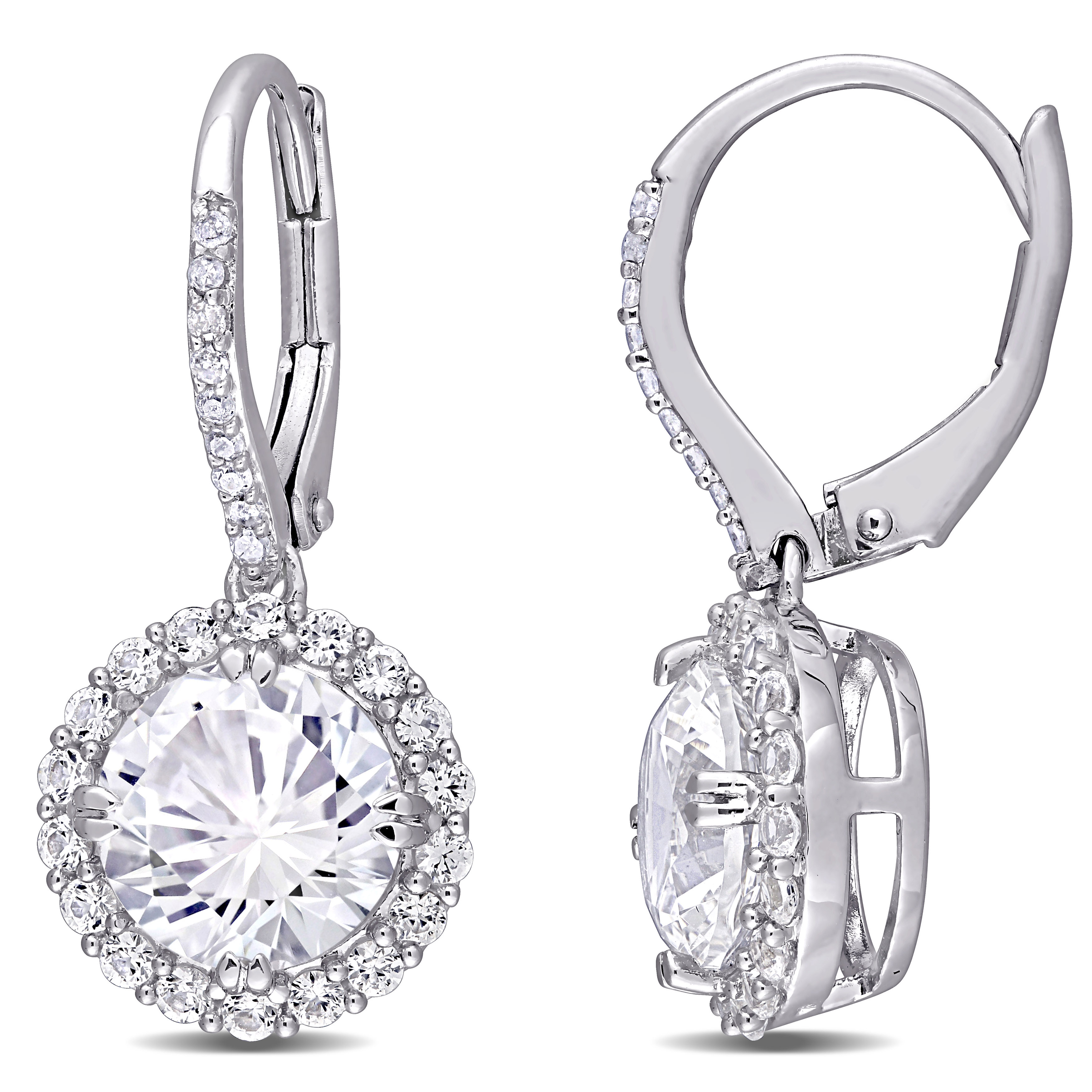 5 1/2 CT TGW Created White Sapphire and 1/10 CT TW Diamond Halo Leverback Earrings in Sterling Silver