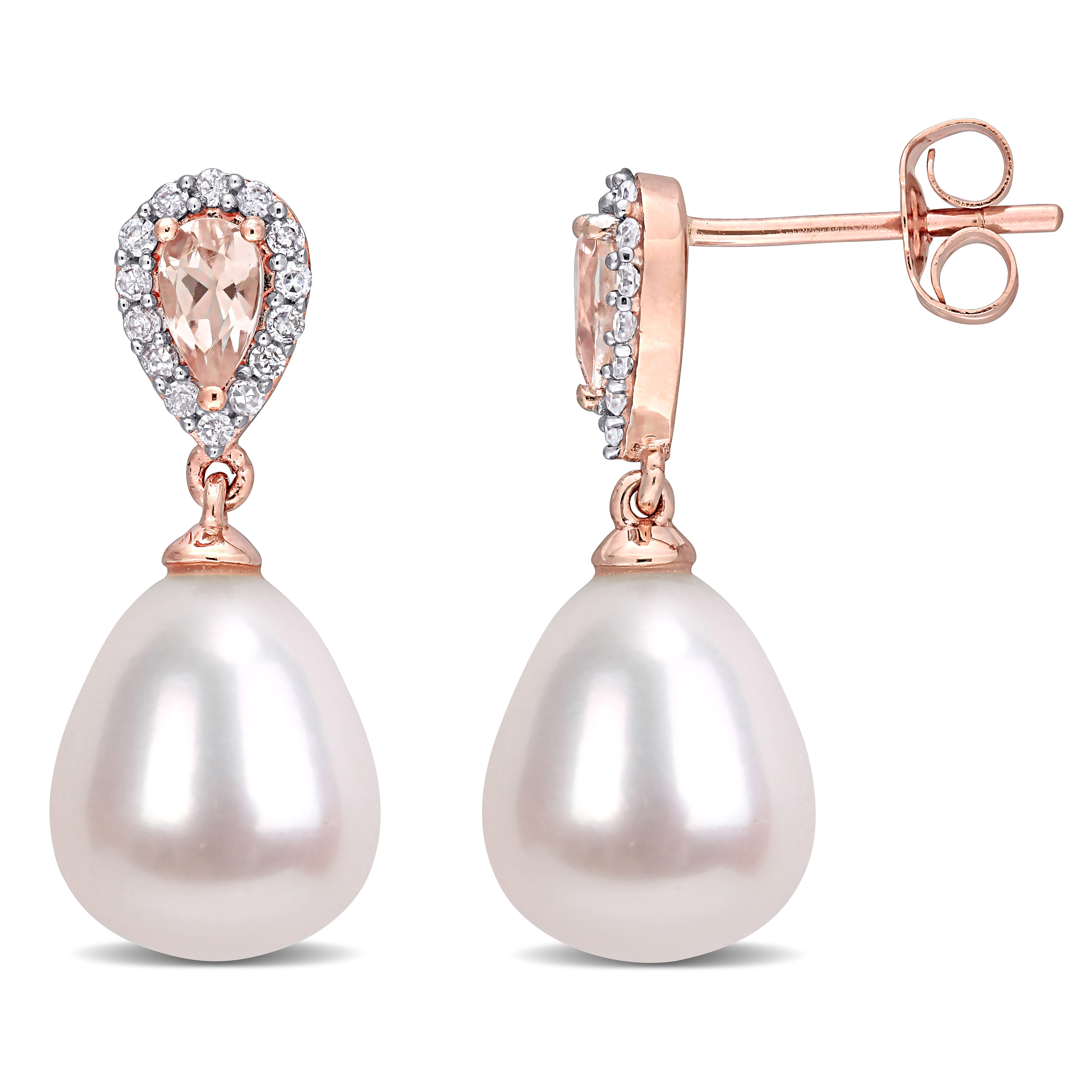 9 - 9.5 MM Cultured Freshwater Pearl, 1/2 CT TGW Morganite and 1/7 CT TW Diamond Drop Earrings in 10k Rose Gold