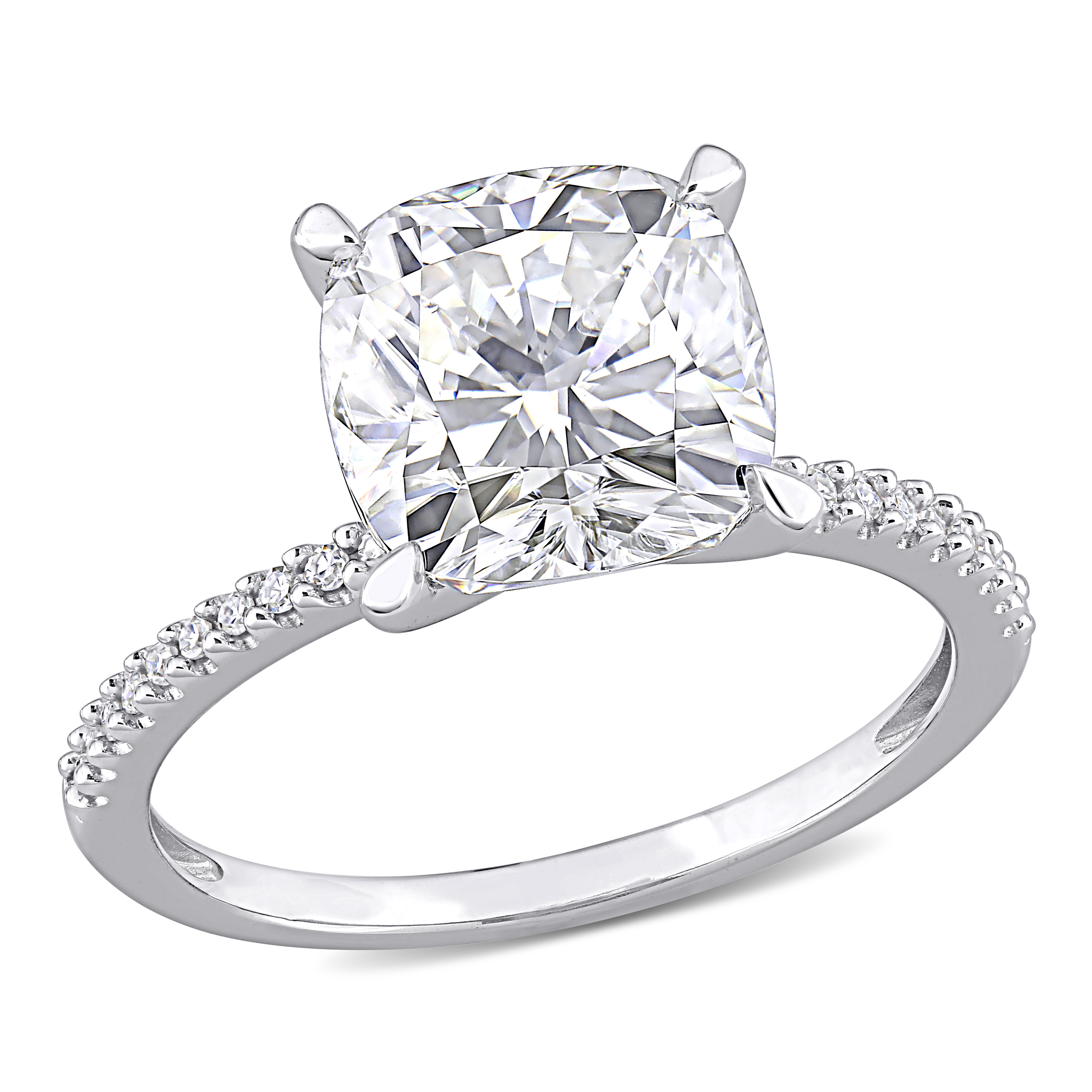 3 1/2 CT DEW Created Moissanite and 1/10 CT TW Diamond Engagement Ring in 14k White Gold