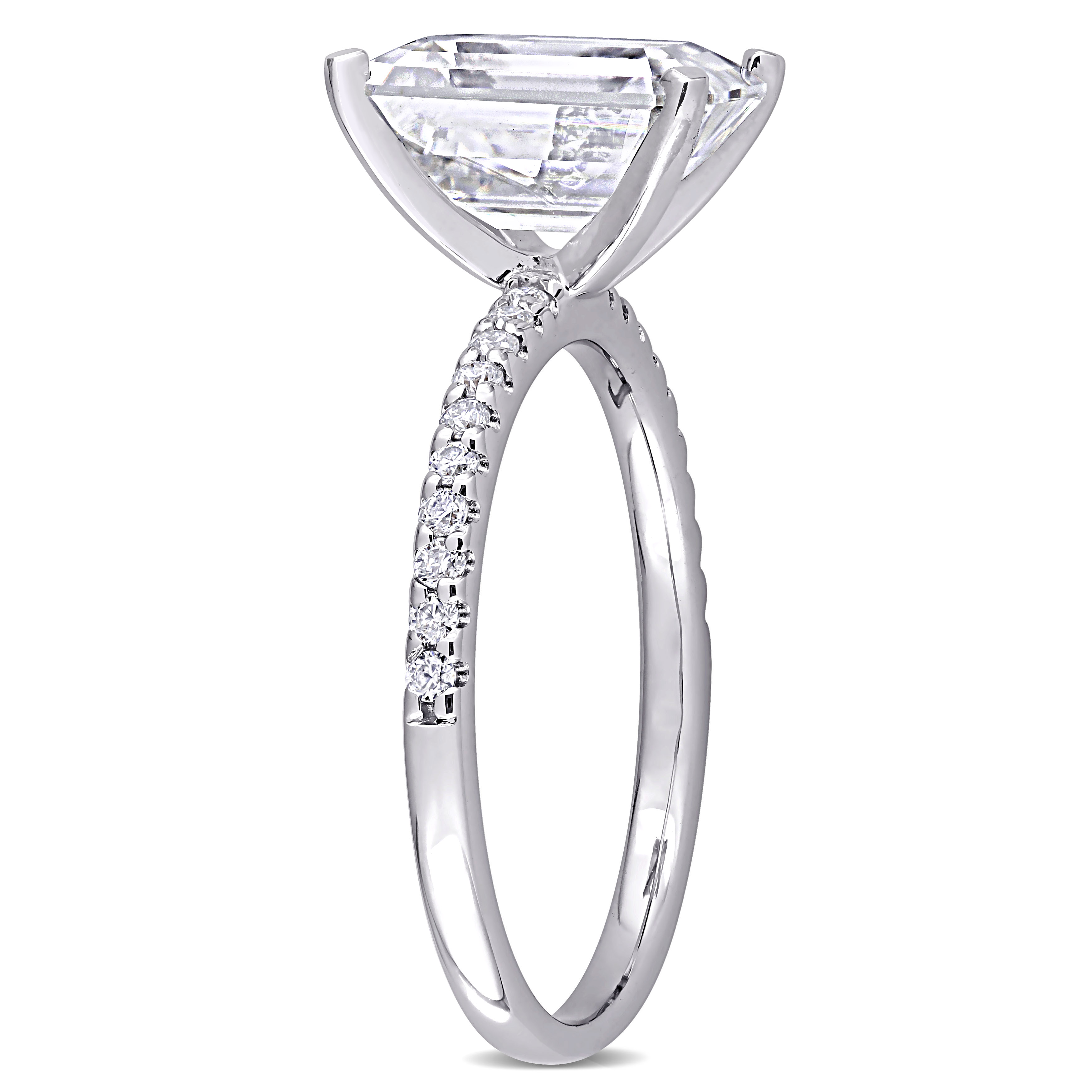 3 1/5 CT DEW Emerald Cut Created Moissanite Engagement Ring in 10k White Gold