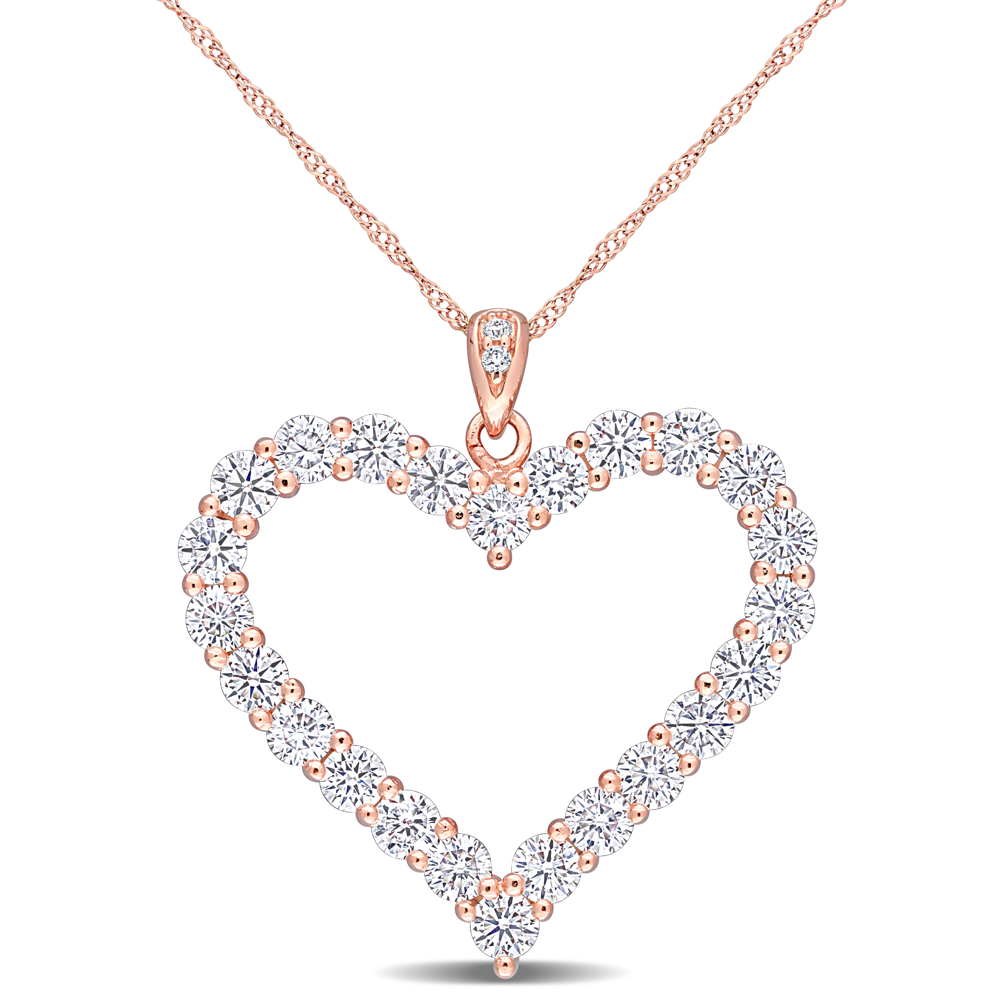 2 2/5 CT DEW Created Moissanite Heart Pendant with Chain in Rose Gold Plated Sterling Silver